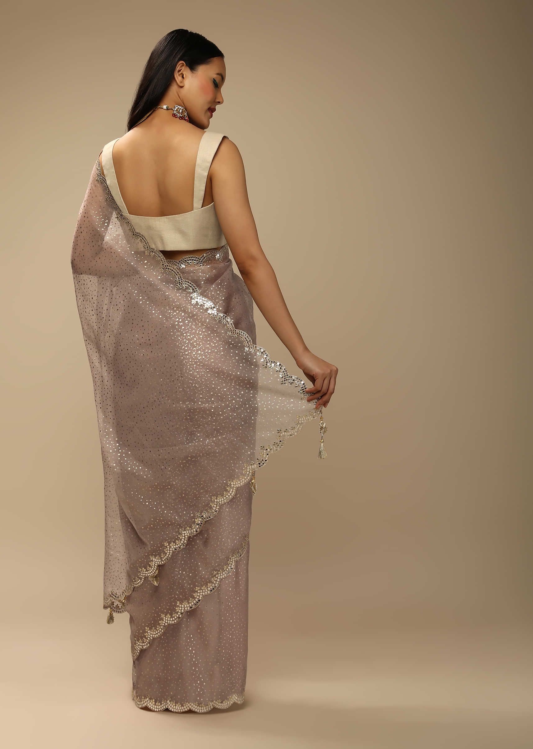 Mushroom Taupe Saree In Organza With Foil Printed Scattered Dots And Mirror Embroidered Scallop Border