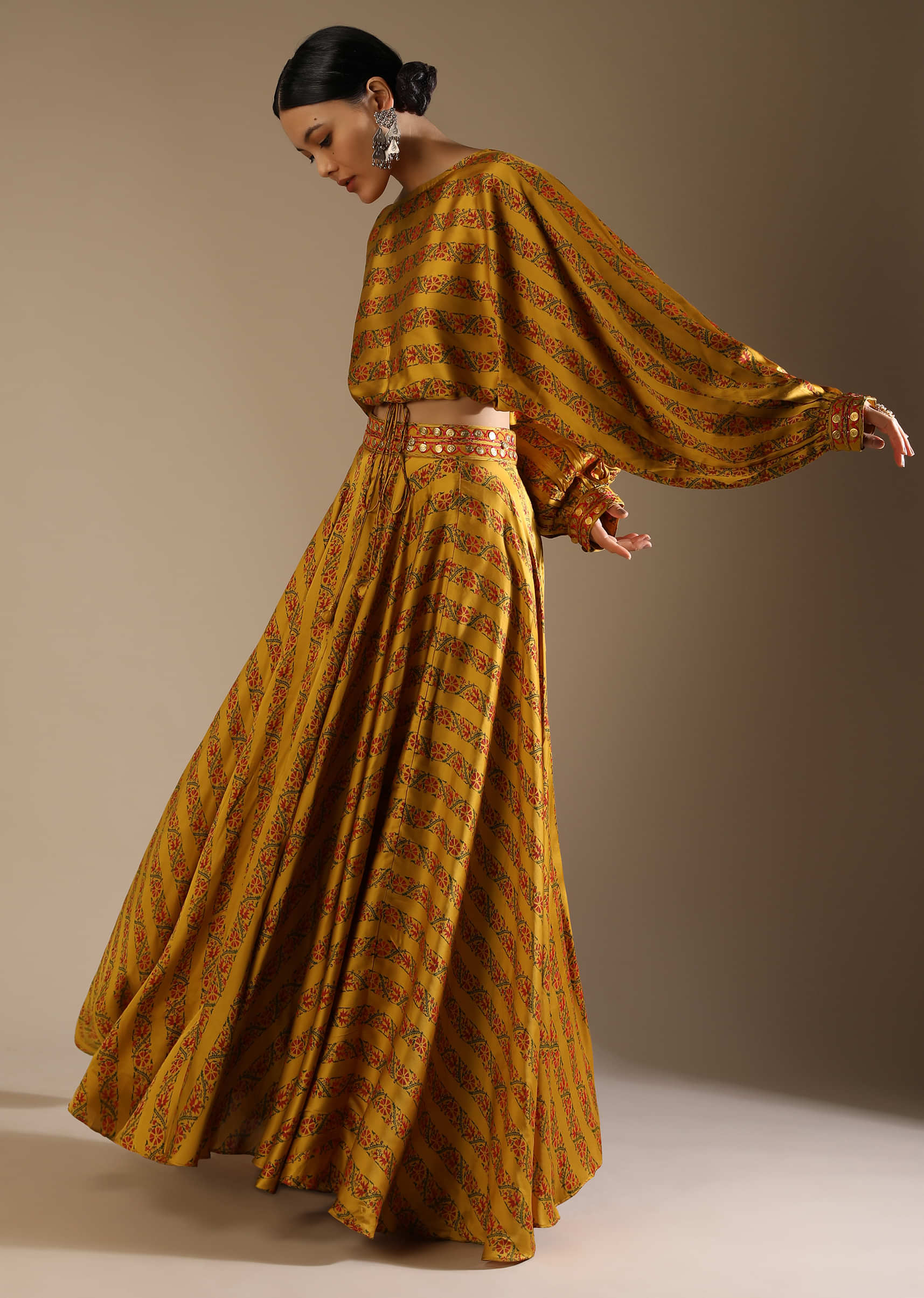 Mustard Skirt And Crop Top With Floral Print And Fancy Puffed Dolman Sleeves  