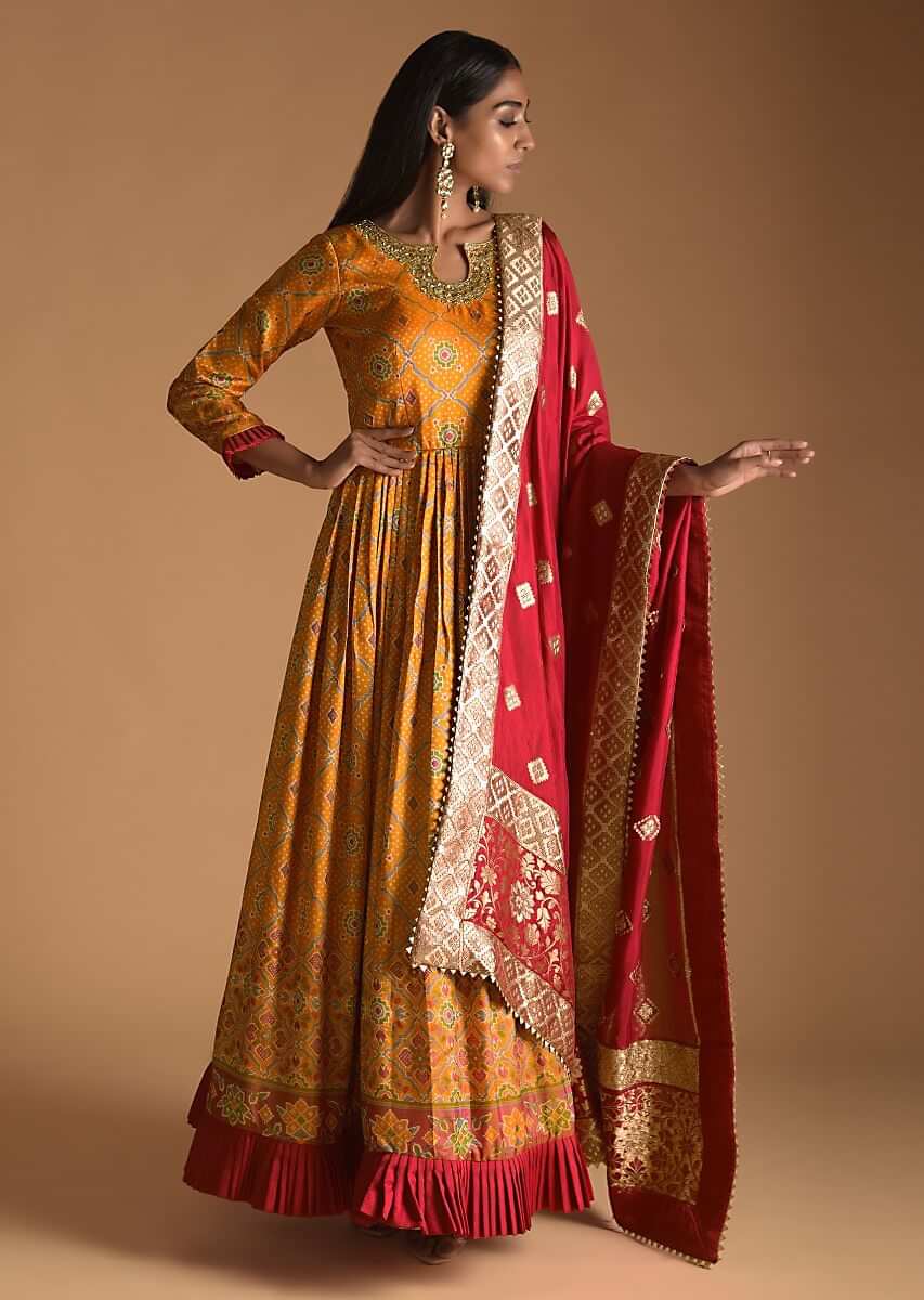 Mustard-Yellow Silk Anarkali Suit with Patola And Bandhani-Printed Jaal