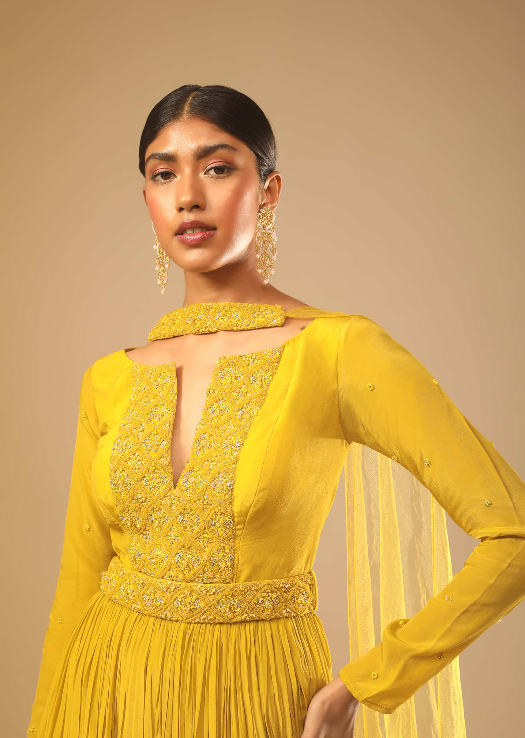 Mustard Yellow Sharara Suit In Crepe With A Flared Kurti Adorned In 3D Embroidery Along With A Belt  