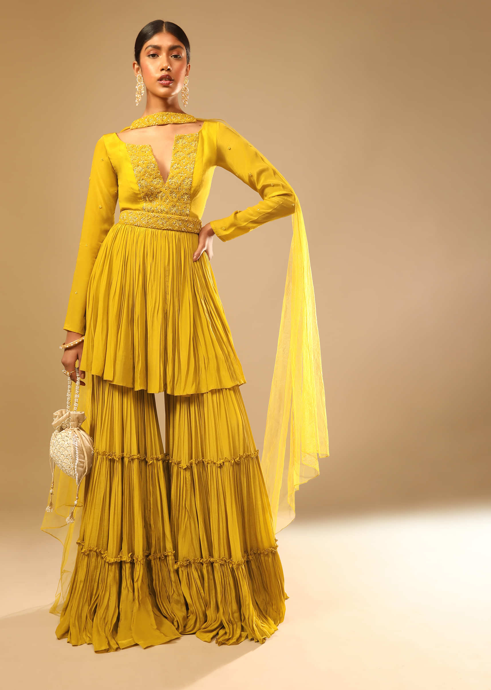 Mustard Yellow Sharara Suit In Crepe With A Flared Kurti Adorned In 3D Embroidery Along With A Belt  