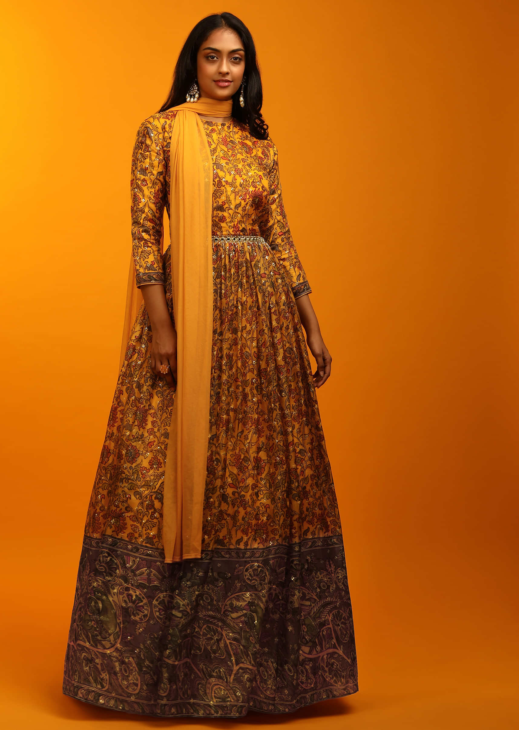 Mustard Anarkali Suit With Floral And Peacock Print And Mirror Embroidered Waistline