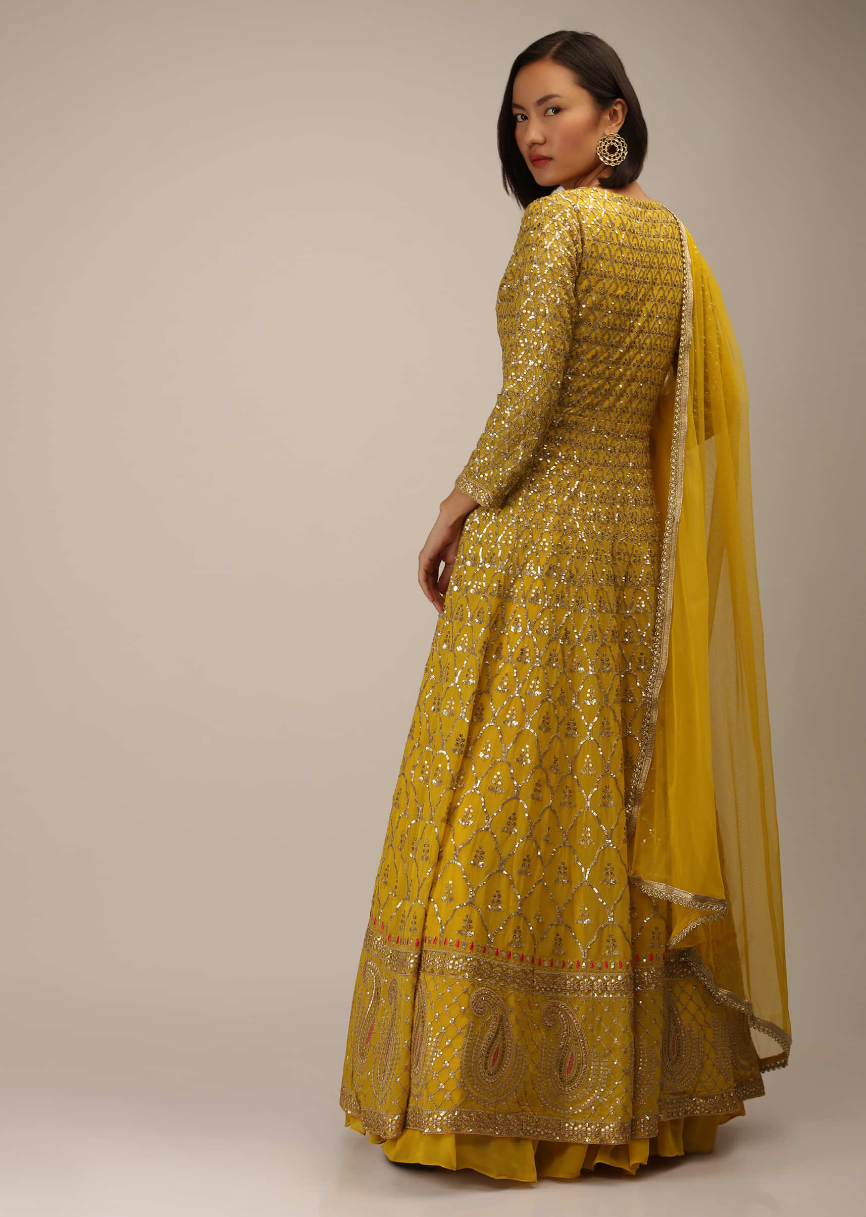 Mustard Floor Length Jacket Suit With Zari And Sequins Embroidered Moroccan Jaal