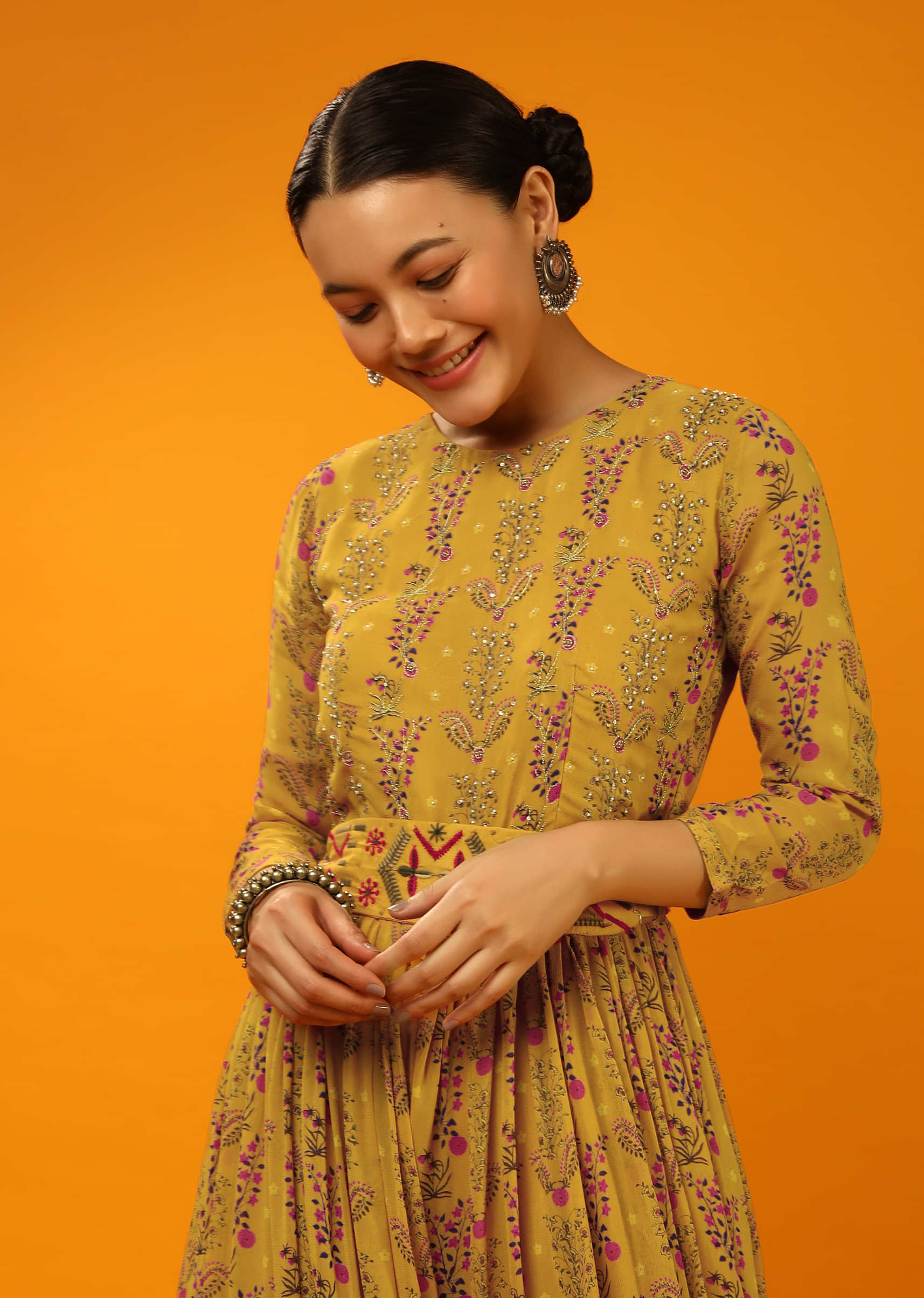 Mustard Jumpsuit In Georgette With Floral Print And Thread Embroidered Belt  