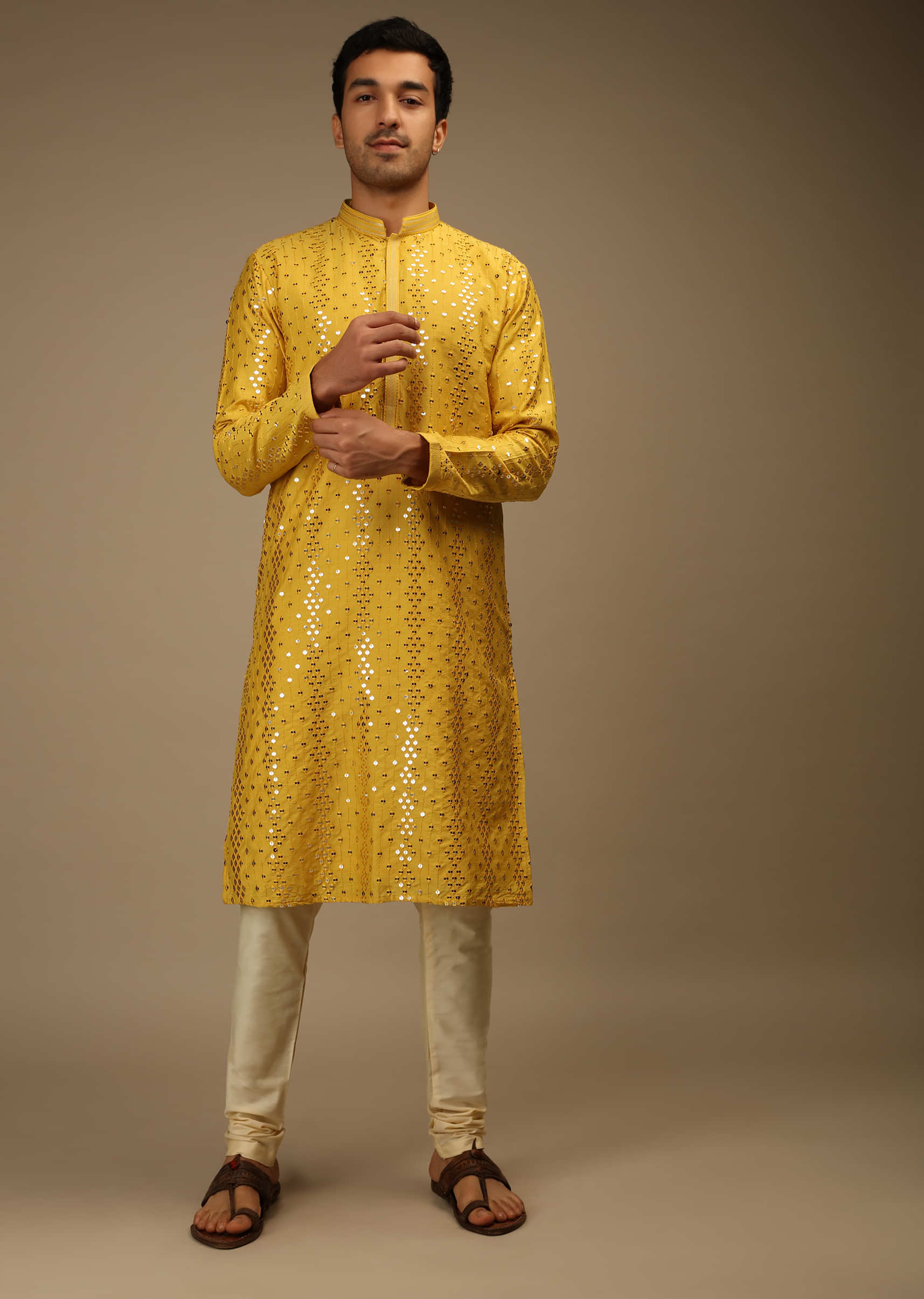 Mustard Kurta Set In Silk With Resham And Sequins Abla Embroidered Geometric Motifs