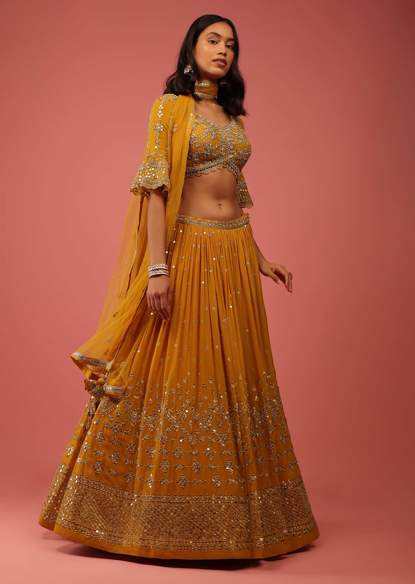 Mustard Yellow Lehenga In Georgette With Sequin Abla Embroidery And Ruffle Sleeved Choli