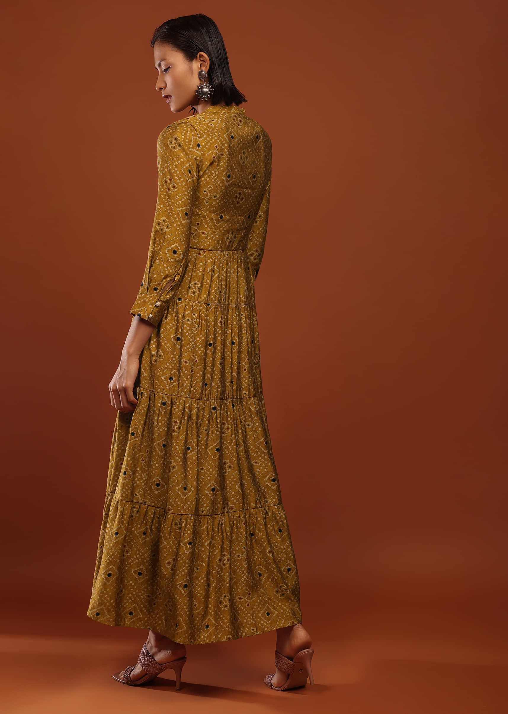 Mustard Yellow Tiered Dress In Silk With Bandhani Print