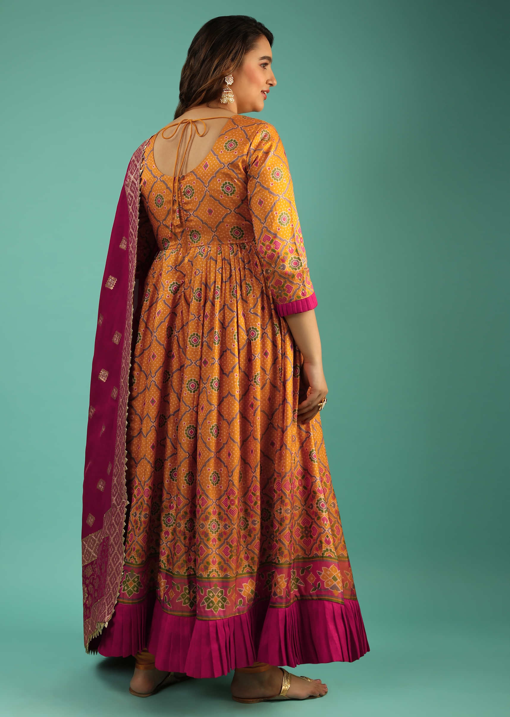 Mustard-Yellow Silk Anarkali Suit with Patola And Bandhani-Printed Jaal