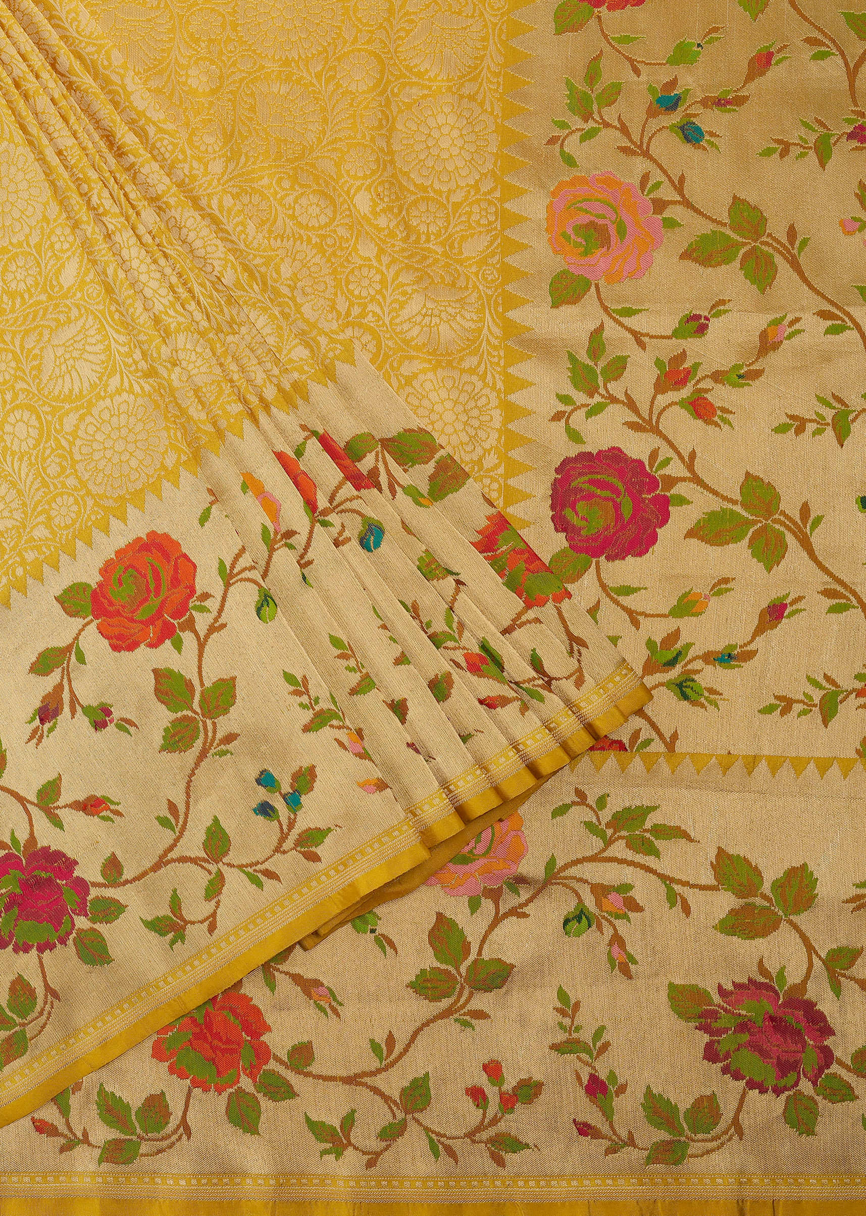Mustard Yellow Handloom Banarasi Saree In Katan Silk With Kadhva Meenakari Border
