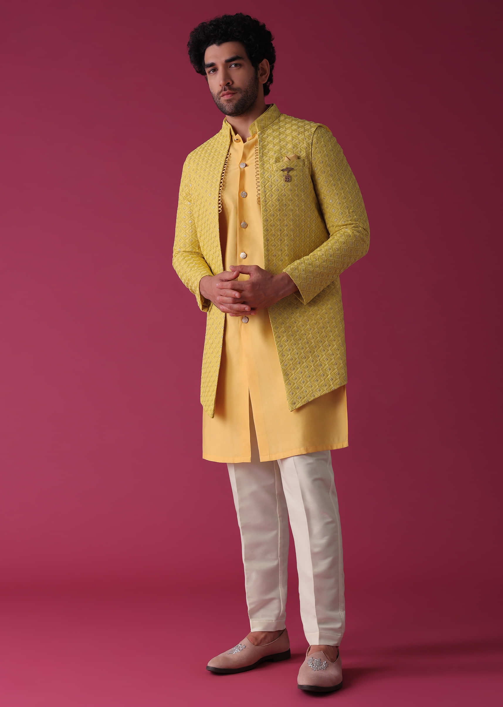 Mustard Yellow Jacket Kurta Set In Silk Blend With Threadwork And Sequins