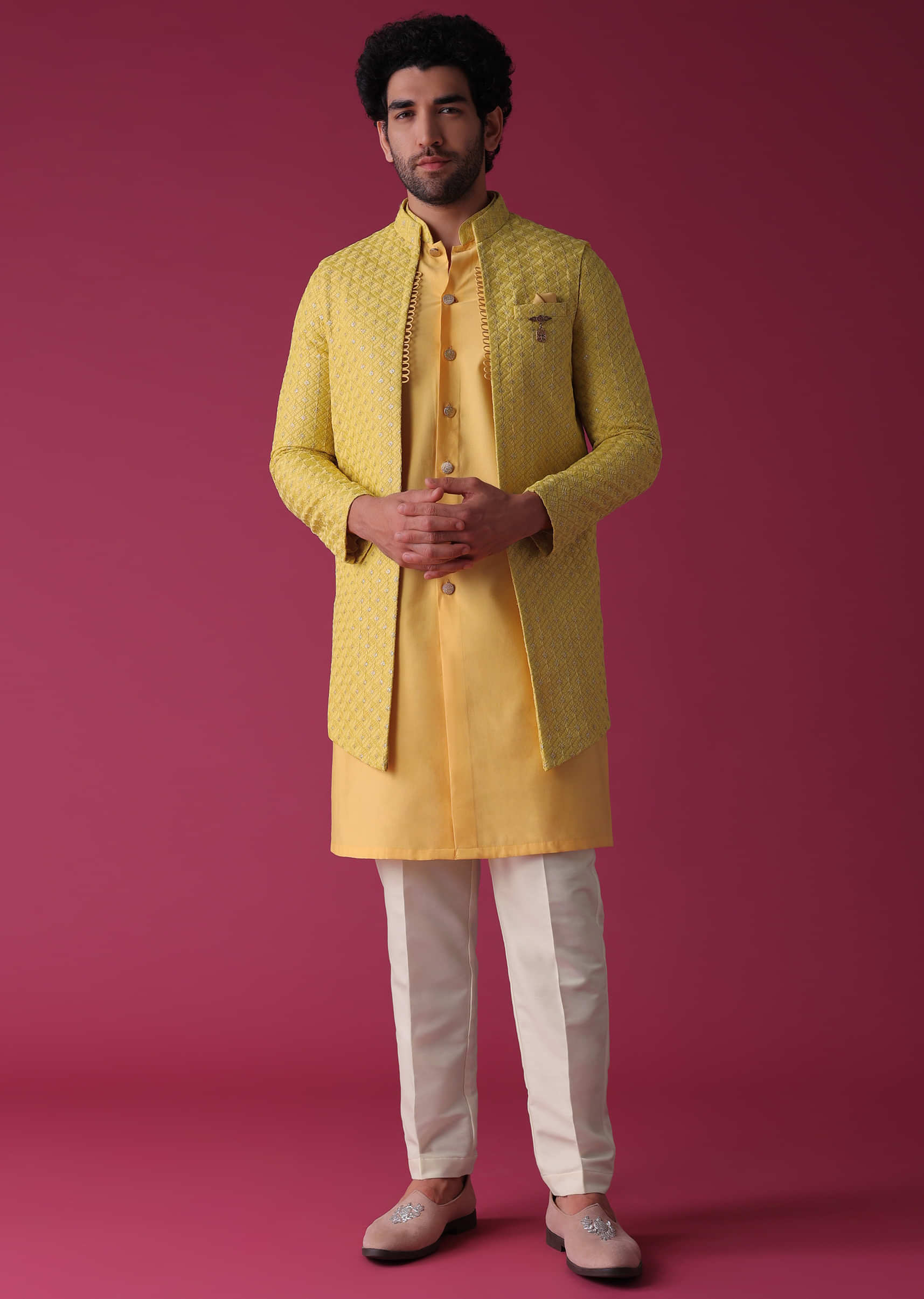 Mustard Yellow Jacket Kurta Set In Silk Blend With Threadwork And Sequins