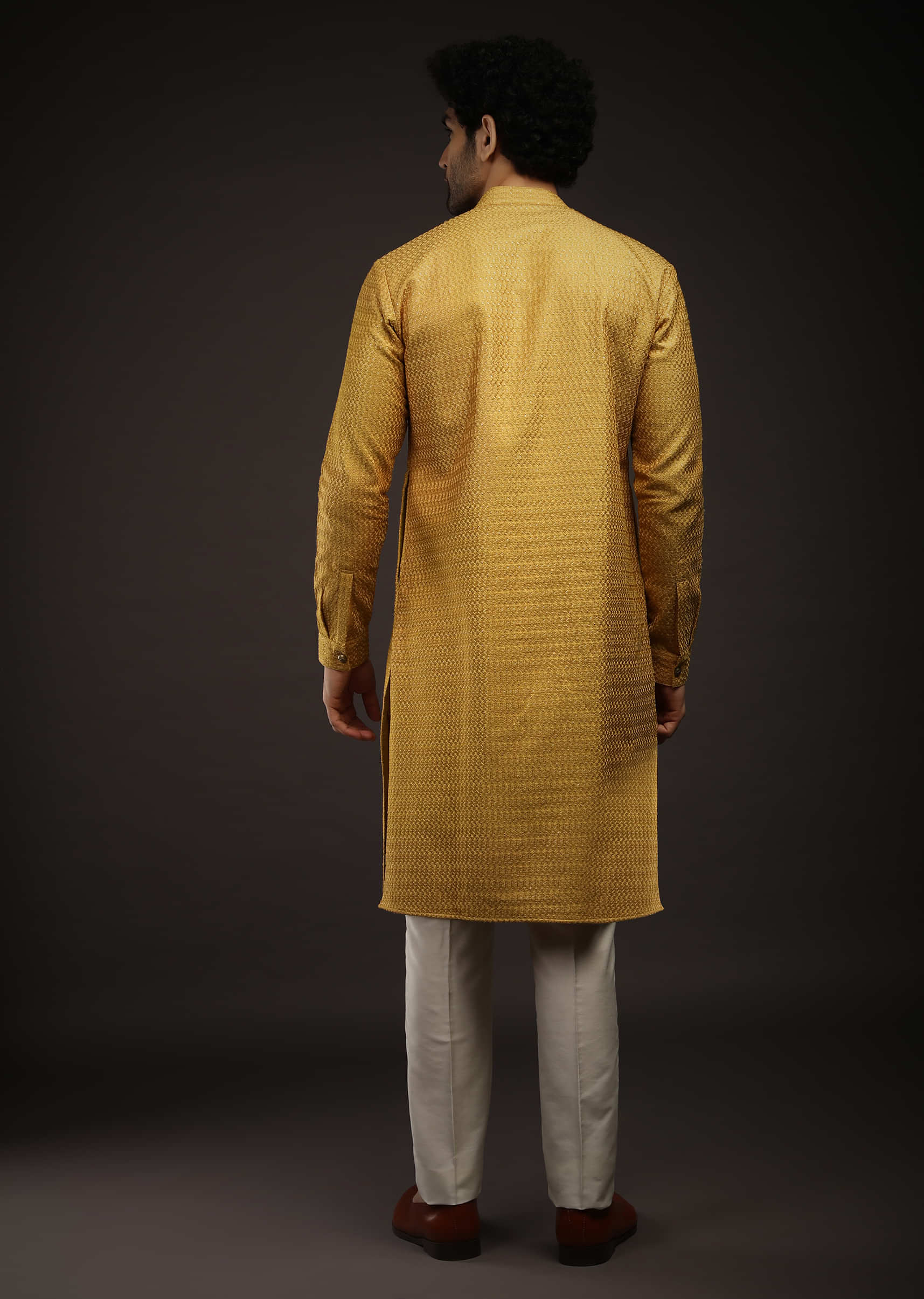 Mustard Yellow Kurta Set With Resham And Sequins Embroidered Jaal And Off Centre Placket