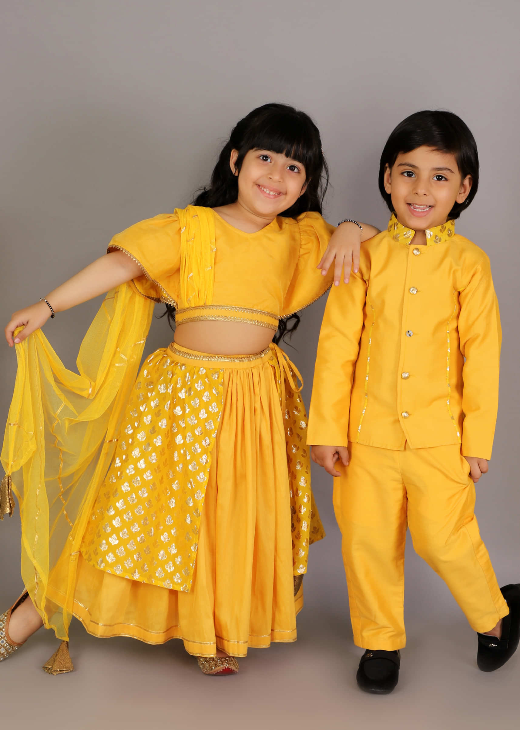 Kalki Girls Mustard Yellow Lehenga And Crop Top With Organza Sleeves And Woven Design