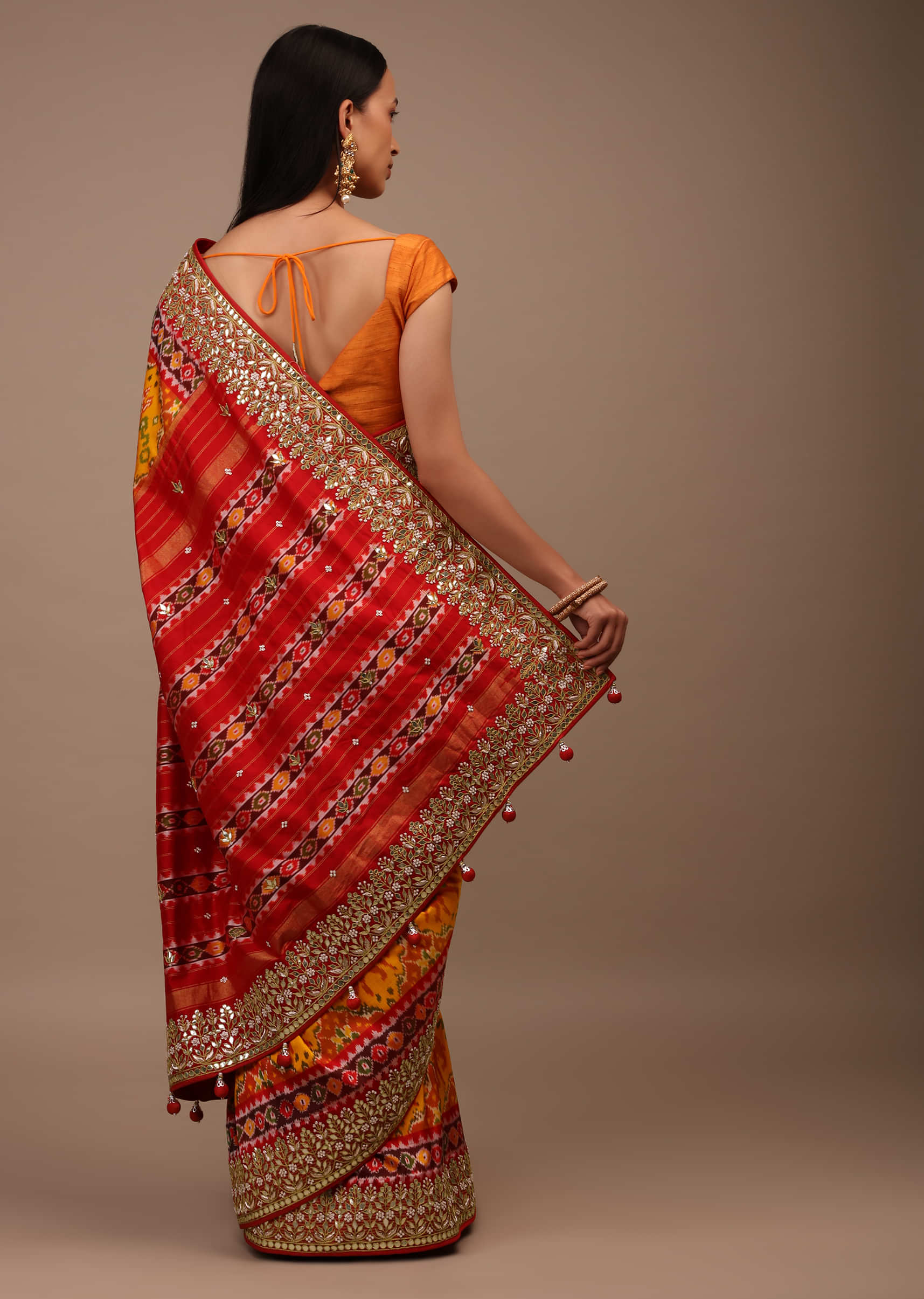 Mustard Yellow Saree In Silk With Pure Patola Weave And Gotta Patti Embroidered Border