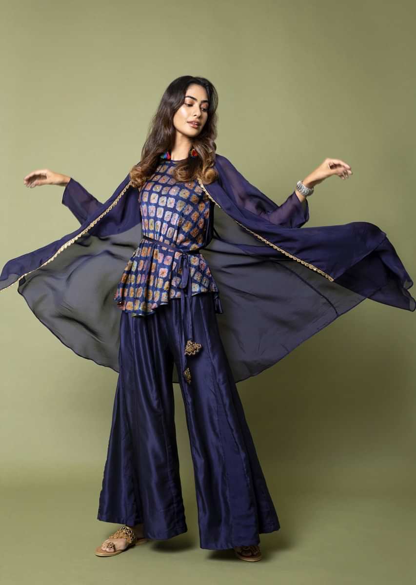 Navy Blue Belted Top With Water Color Effect Bandhani Paired With Paneled Sharara Pants And Jacket  