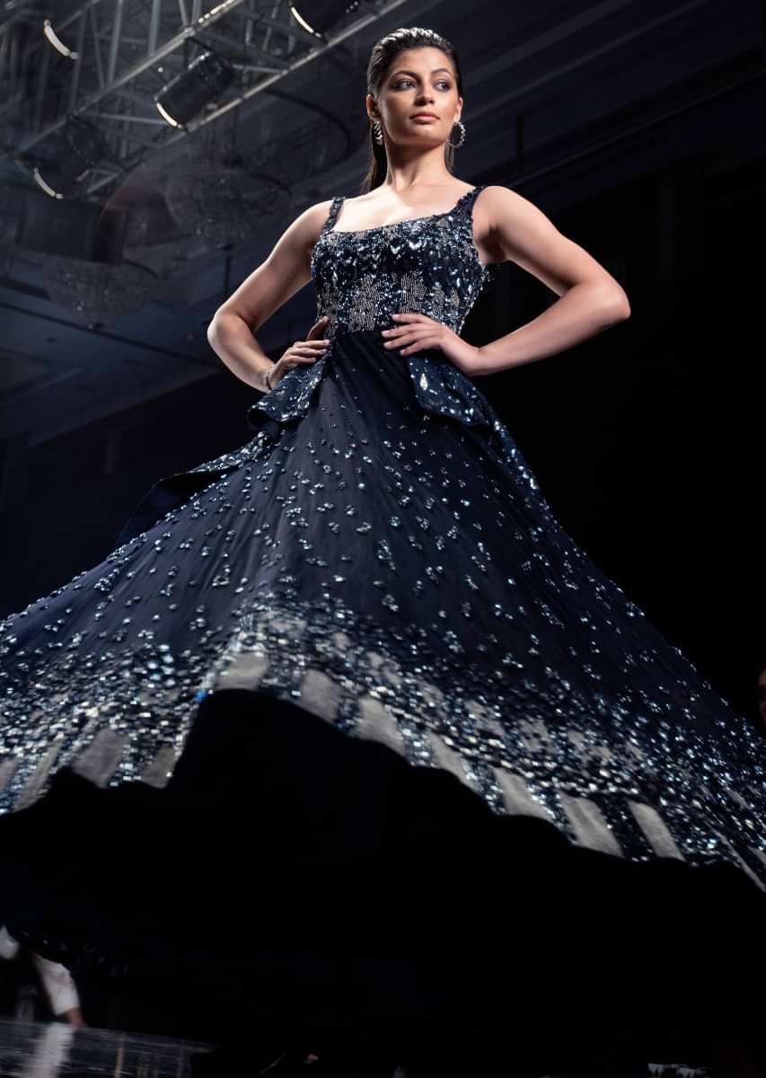 Neeti Mohan In Kalki Organic Blue Gown In Hand Crafted Net With An Embellished Organza Drape