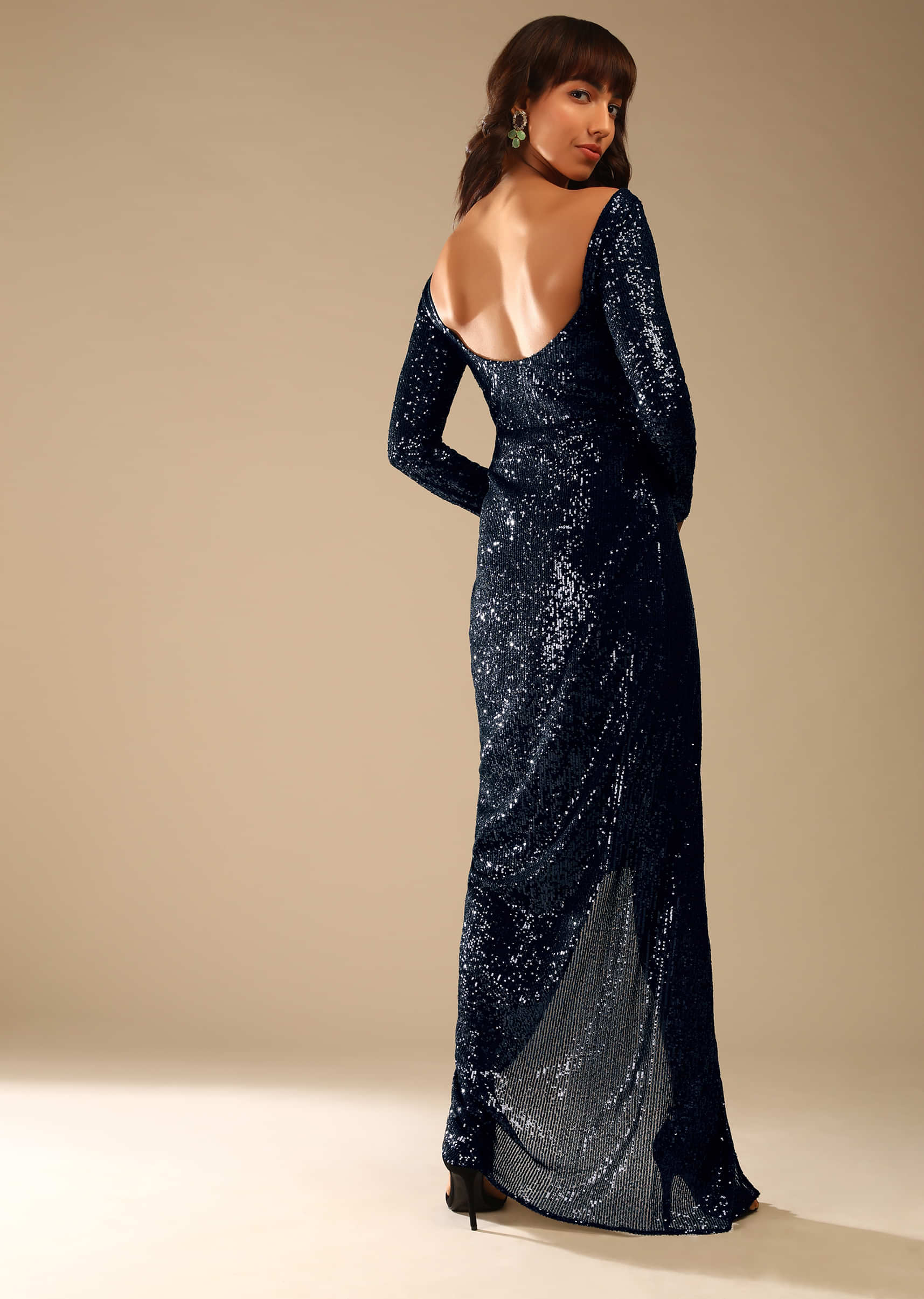 Navy Blue Gown Embellished In Sequins With Plunging Neckline And Cowl Draped Overlapping Slit