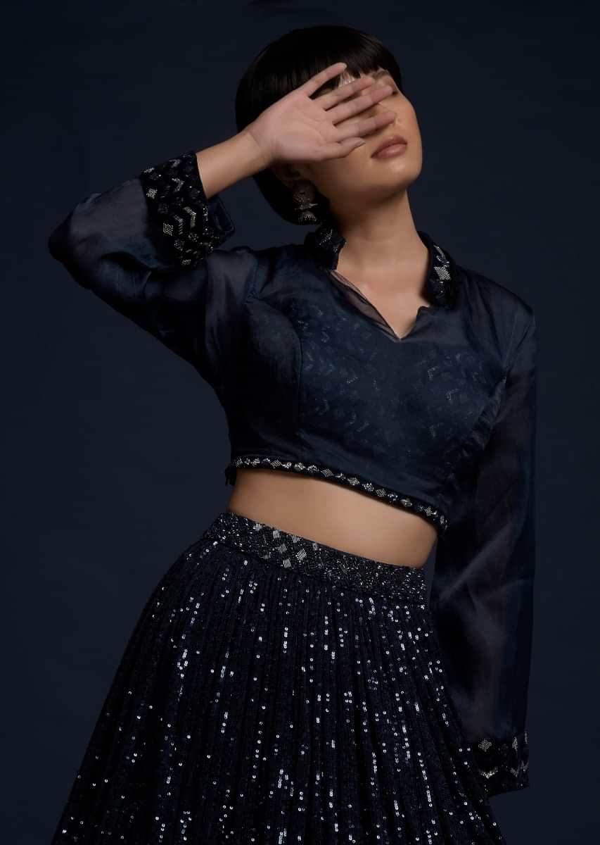 Navy Blue Lehenga Embellished In Sequins With A Matching Organza Crop Top Adorned With Cut Dana On The Underlayer