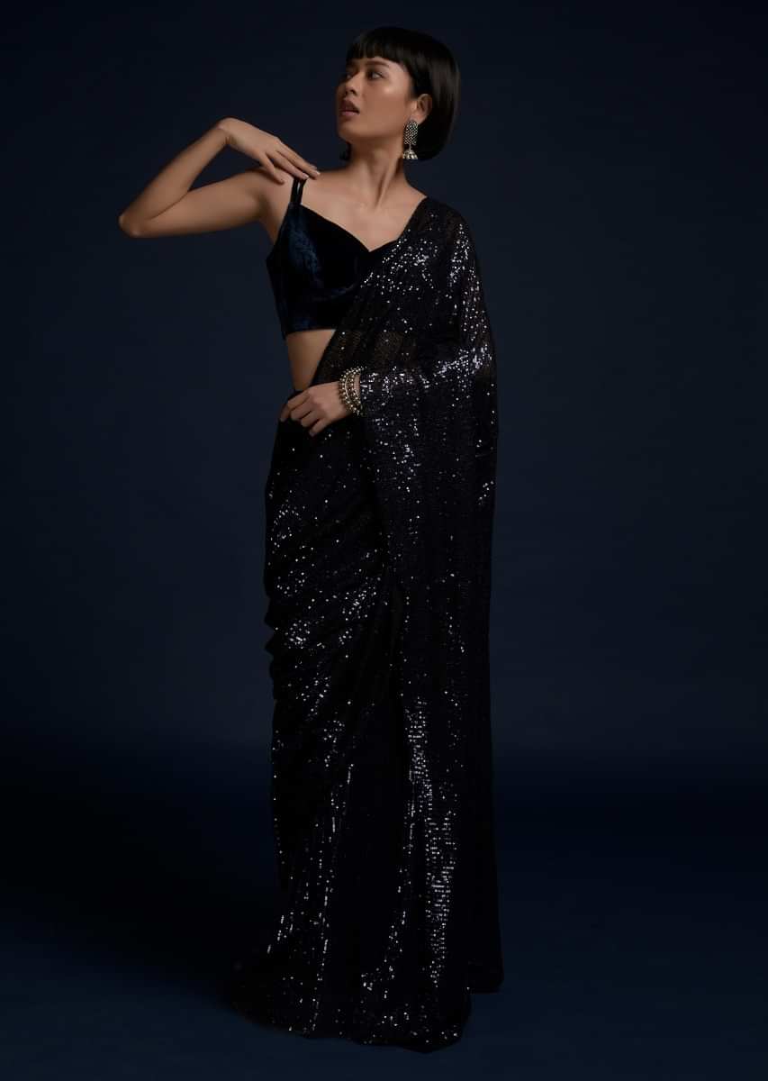 Navy Blue Ready Pleated Saree Embellished In Sequins And Velvet Crop Top With Double Straps On The Shoulders  