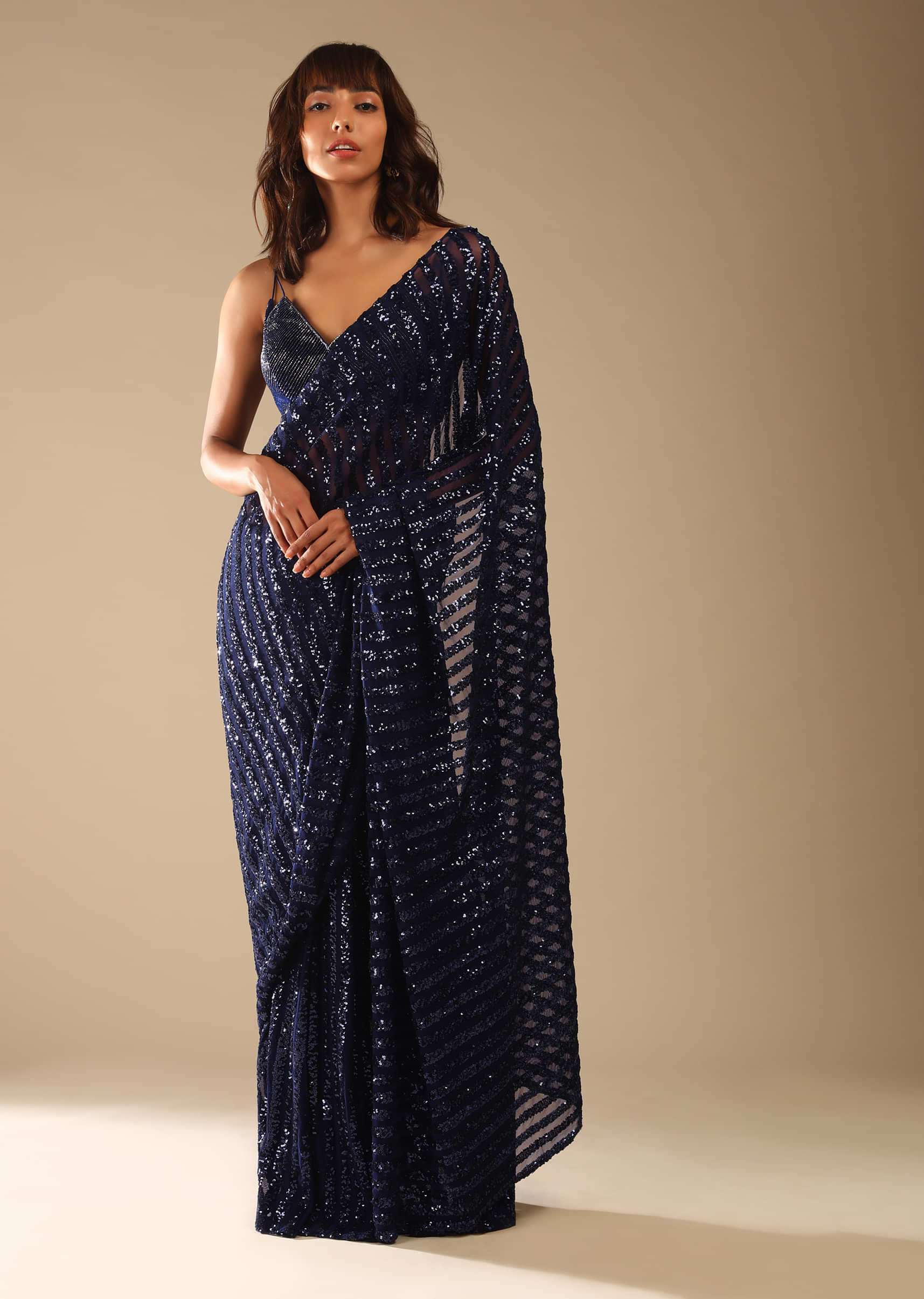 Navy Blue Ready-To-Wear Sequins Saree With Velvet Blouse