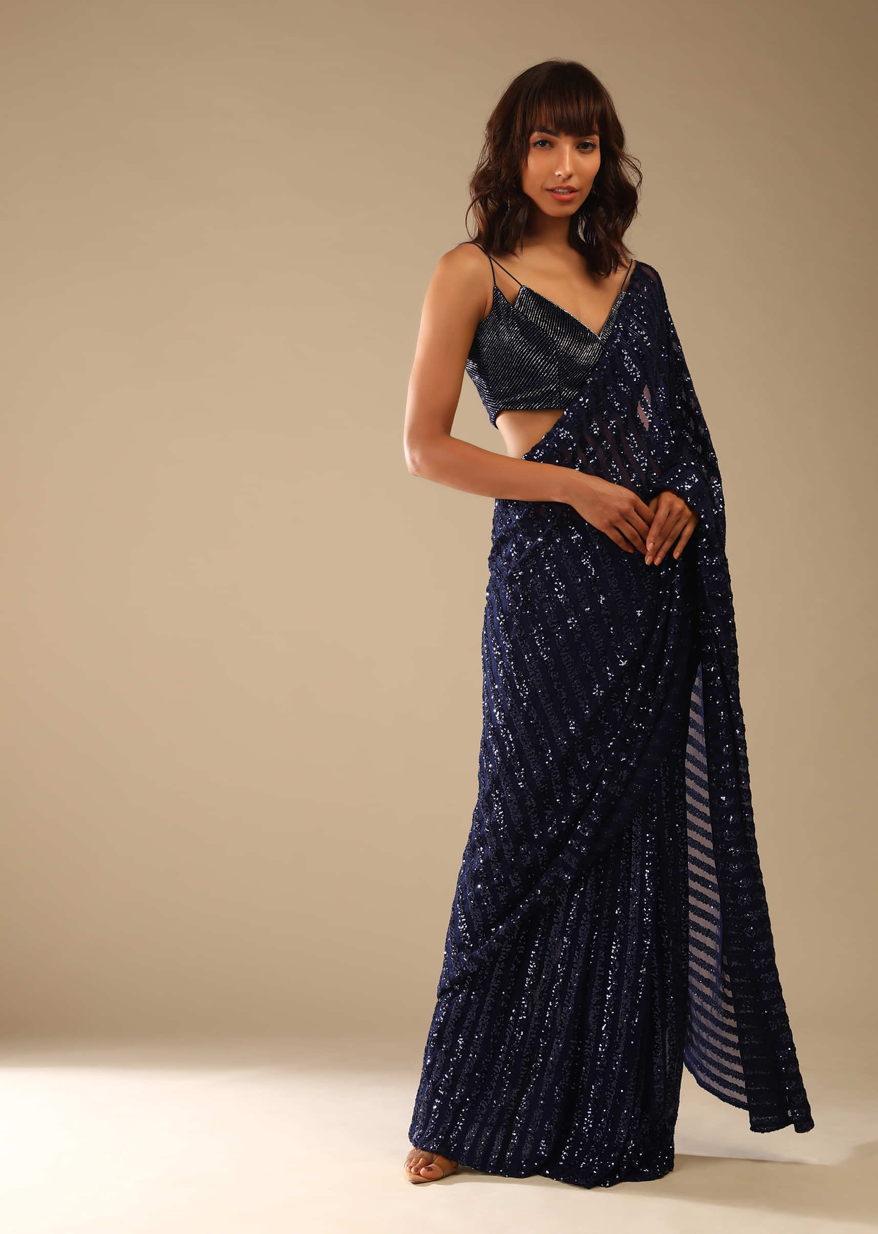 Navy Blue Ready-To-Wear Sequins Saree With Velvet Blouse