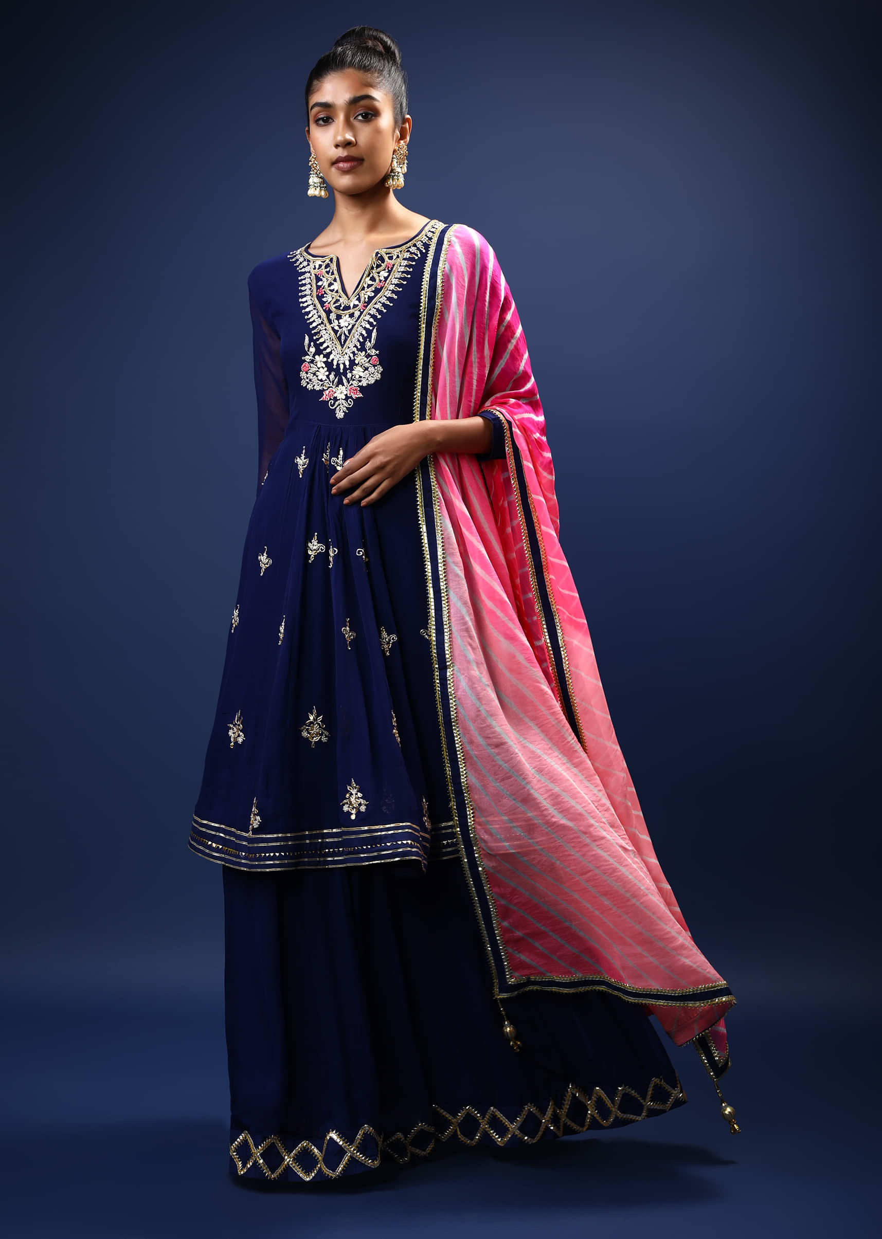 Navy Blue Skirt Suit With Pink Lehariya Printed Dupatta And A Flared Kurti With Gotta Patti And Zardosi Embroidered Floral Motifs  