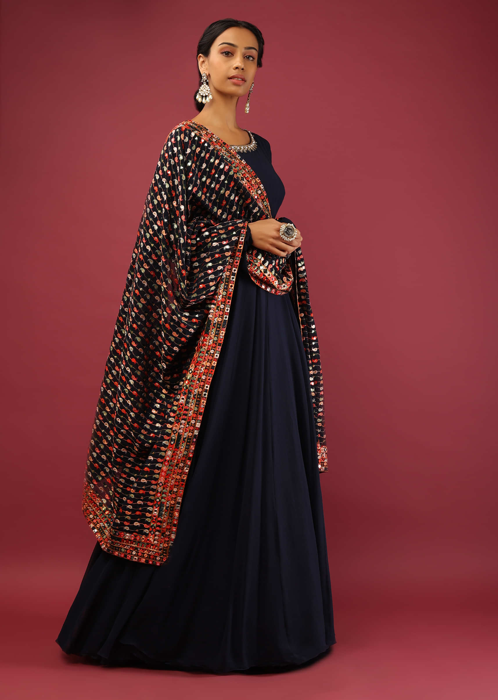 Navy Blue Anarkali Suit In Georgette With A Multi Colored Resham And Abla Embroidered Dupatta In Paisley Design  