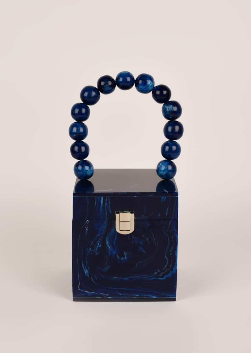 Navy Blue Box Clutch In Acrylic With Marble Design All Over Online - Kalki Fashion