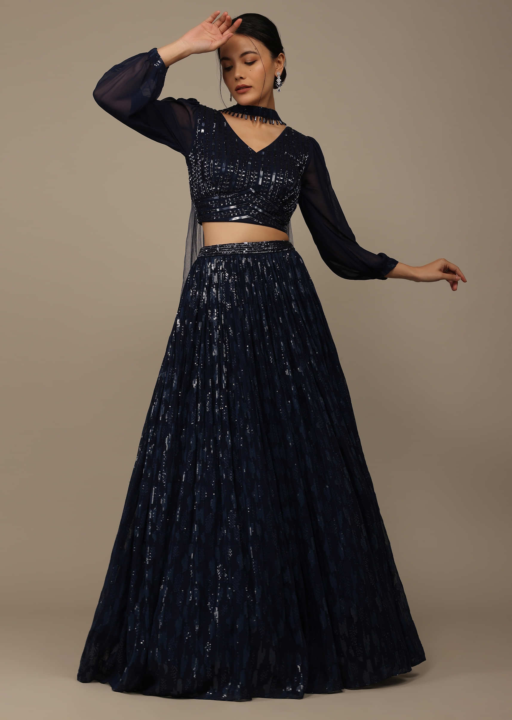Navy Blue Embroidered Festive Lehenga Set In Georgette