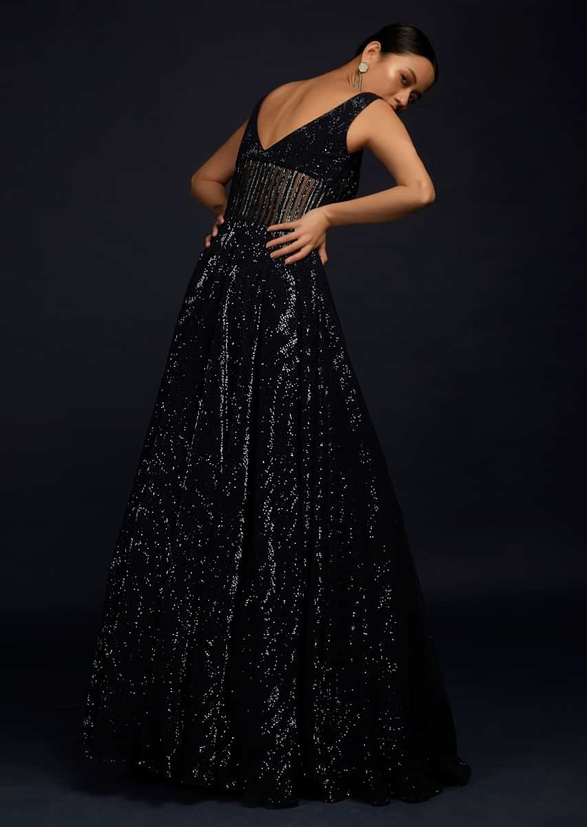 Navy Blue Gown Embellished In Sequins With Cut Dana Embellished Sheer Waist And Deep Sweetheart Neckline