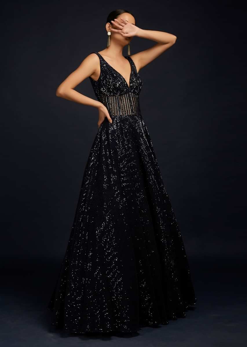 Navy Blue Gown Embellished In Sequins With Cut Dana Embellished Sheer Waist And Deep Sweetheart Neckline