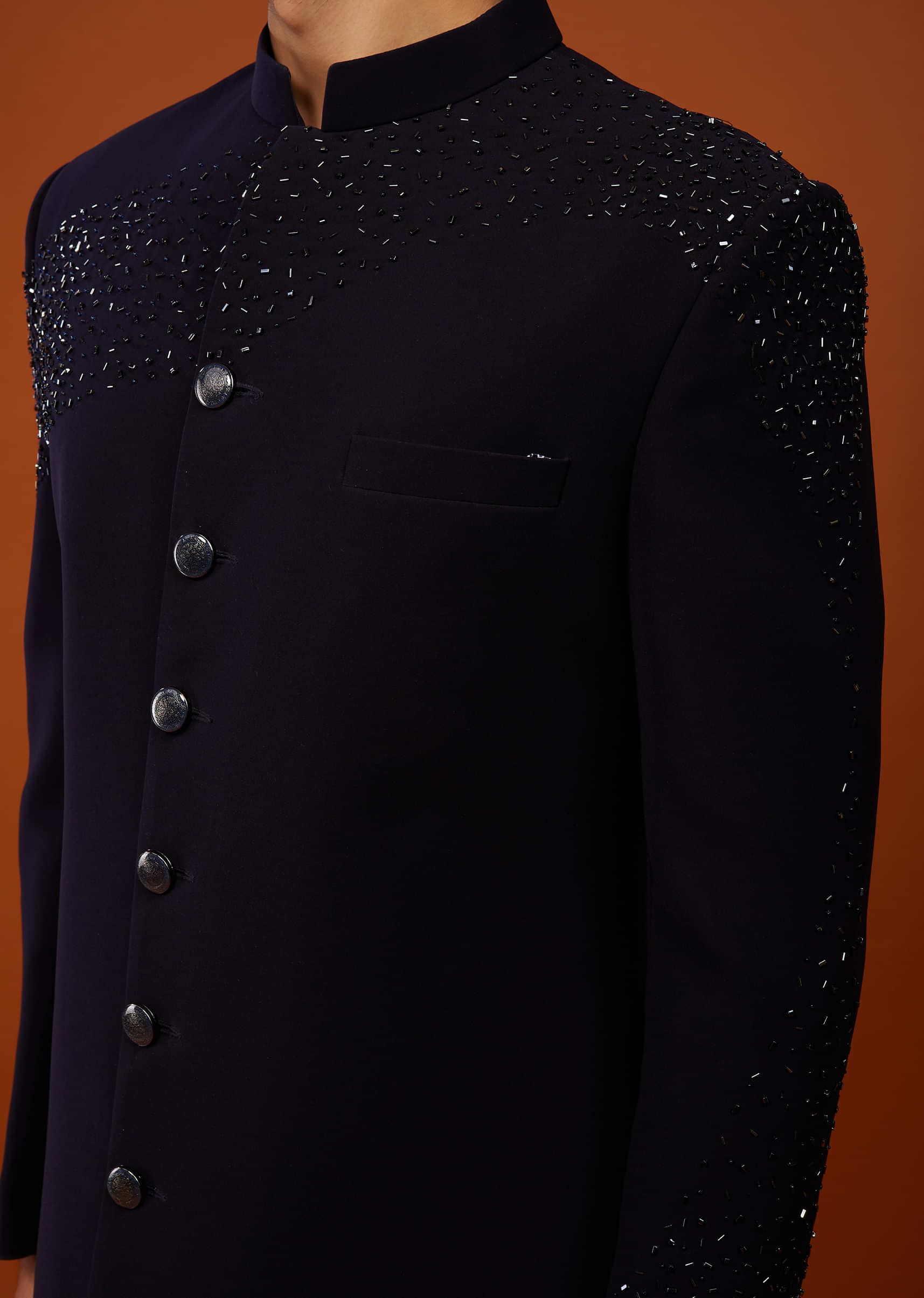 Navy Blue Indo-Western Sherwani Set Embroidered In Japanese Suiting Fabric