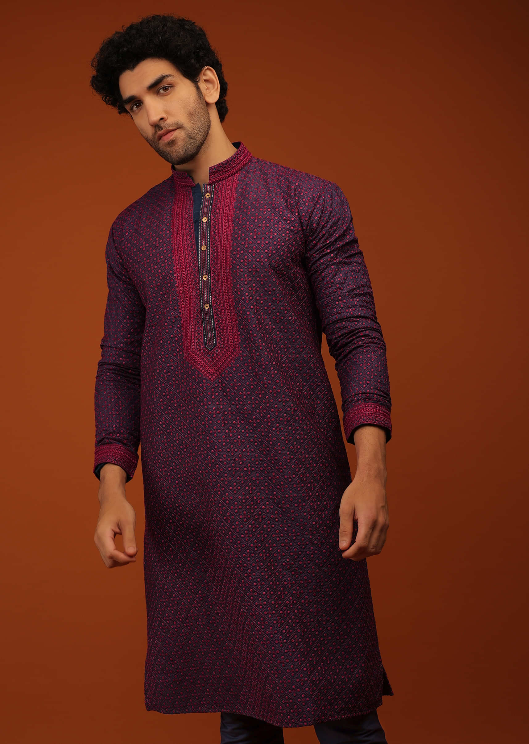 Navy Blue Kurta Set In Lucknow Embroidery