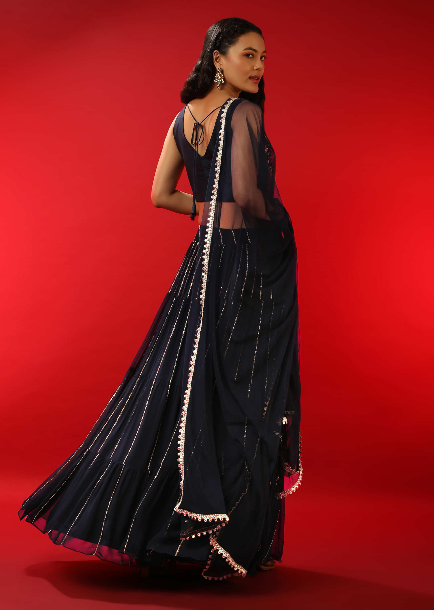 Navy Blue Lehenga Choli With Sequins Stripes And Multi Colored Resham Work 