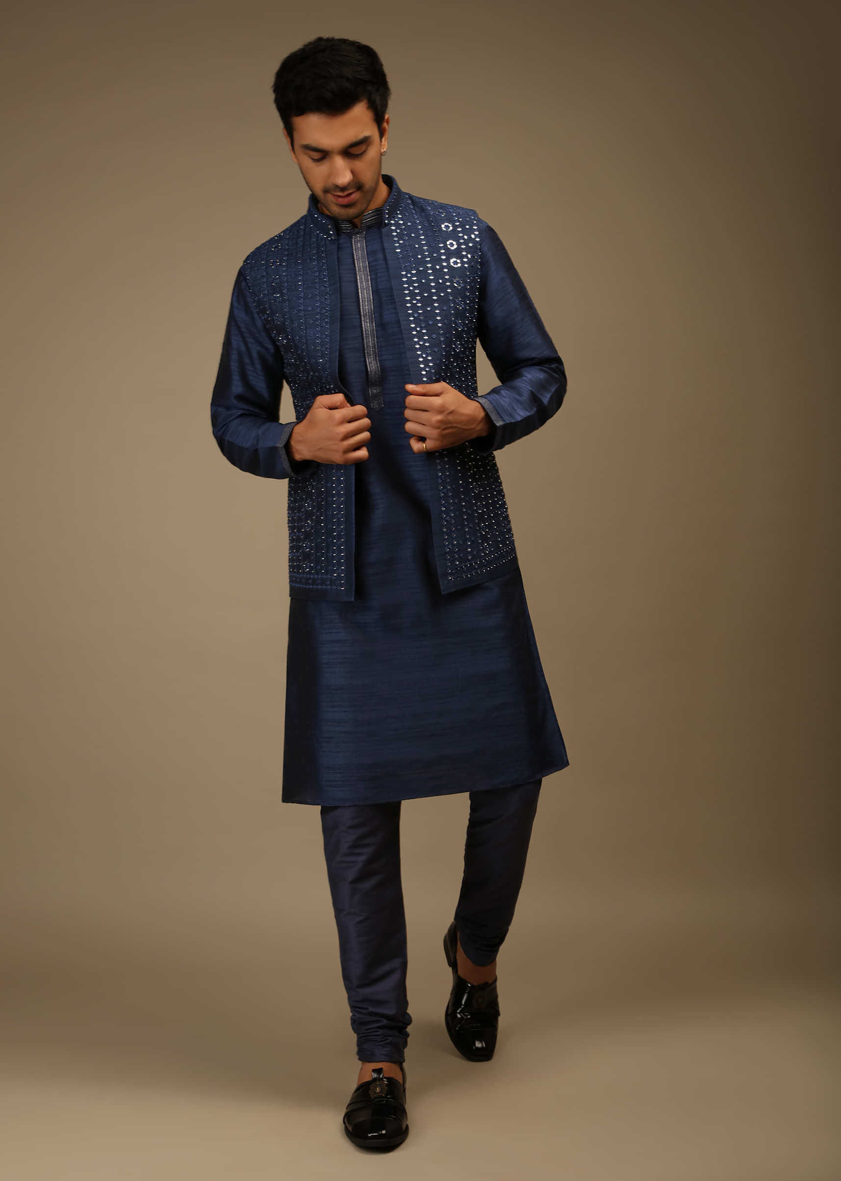 Navy Blue Nehru Jacket And Kurta Set In Tussar Silk With Resham And Mirror Abla Embroidered Geometric Design