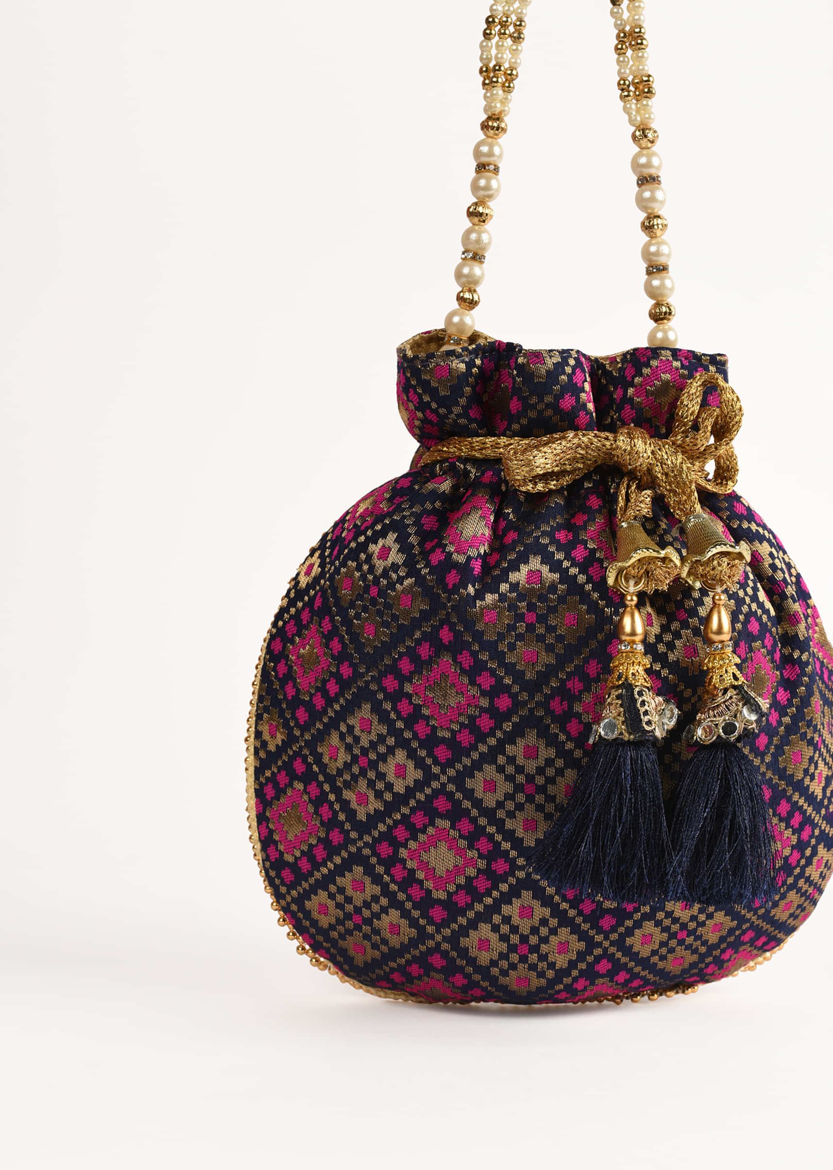 Navy Blue Potli Bag In Brocade Silk With Geometric Jaal Design Online - Kalki Fashion