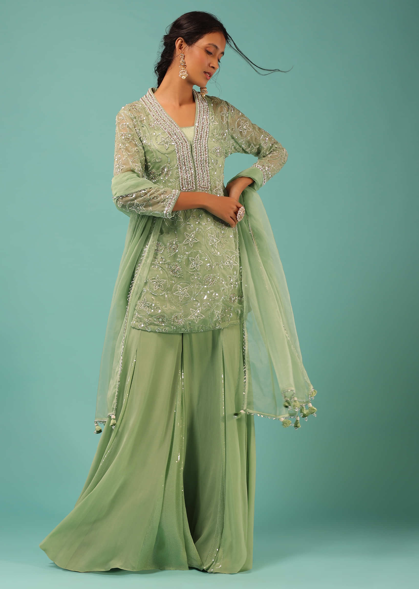 Pista Green Sharara Suit With Cut Dana And Moti Detailed Jaal Design