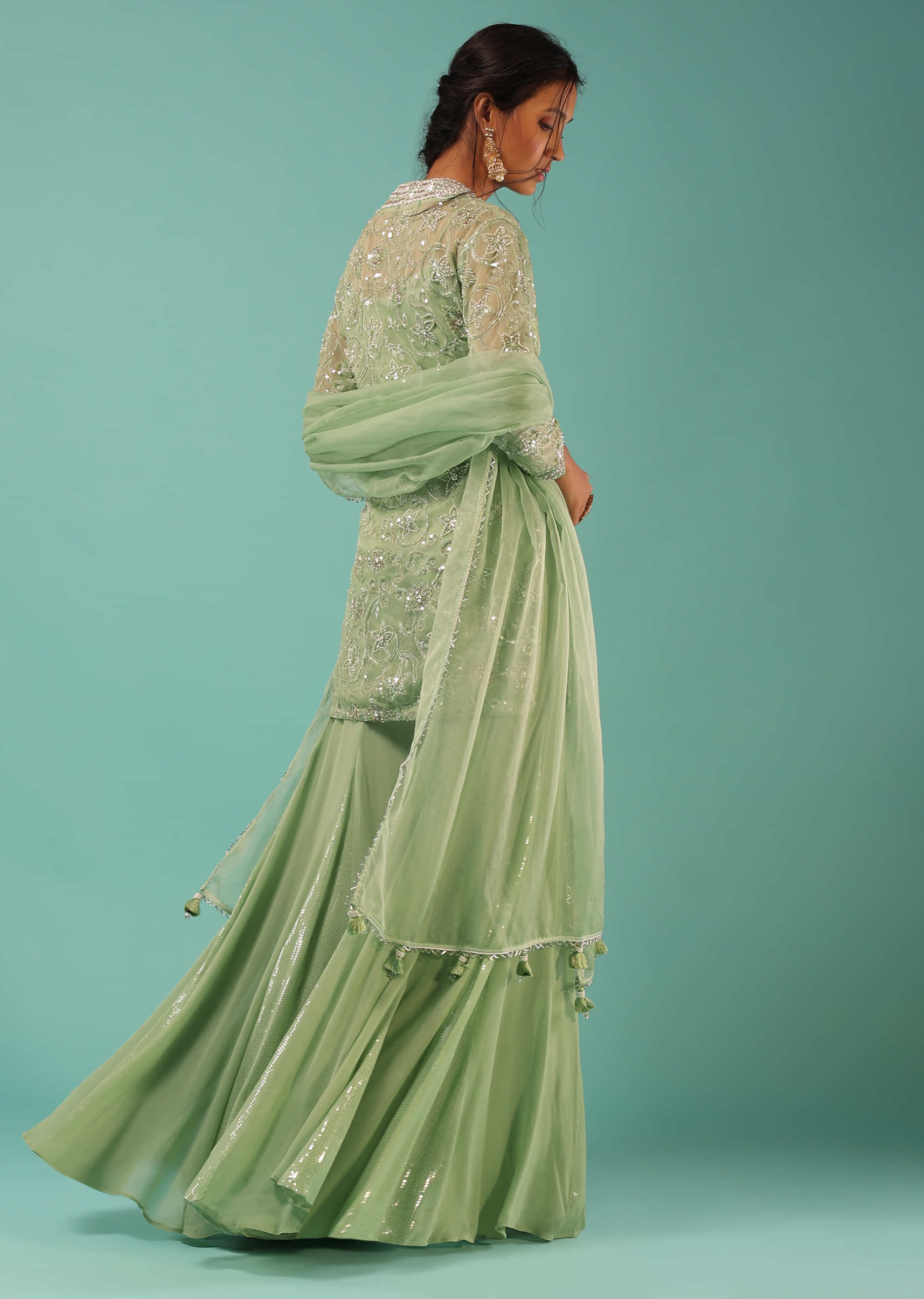 Pista Green Sharara Suit With Cut Dana And Moti Detailed Jaal Design