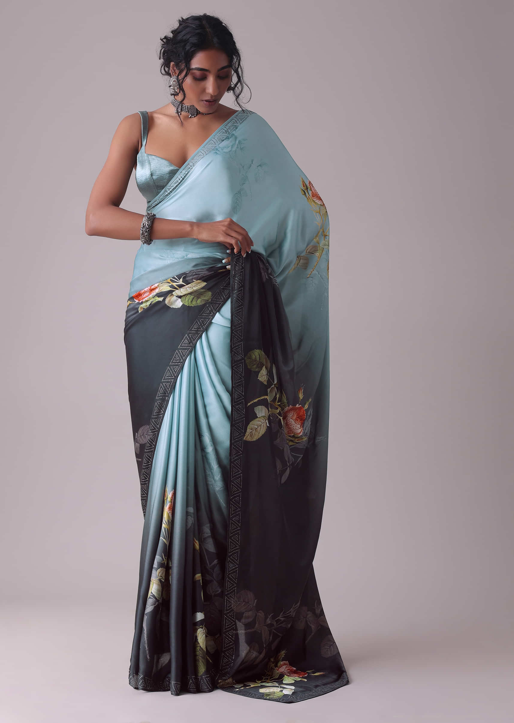Nine Iron Grey Printed Saree With Swarovski Embellishment