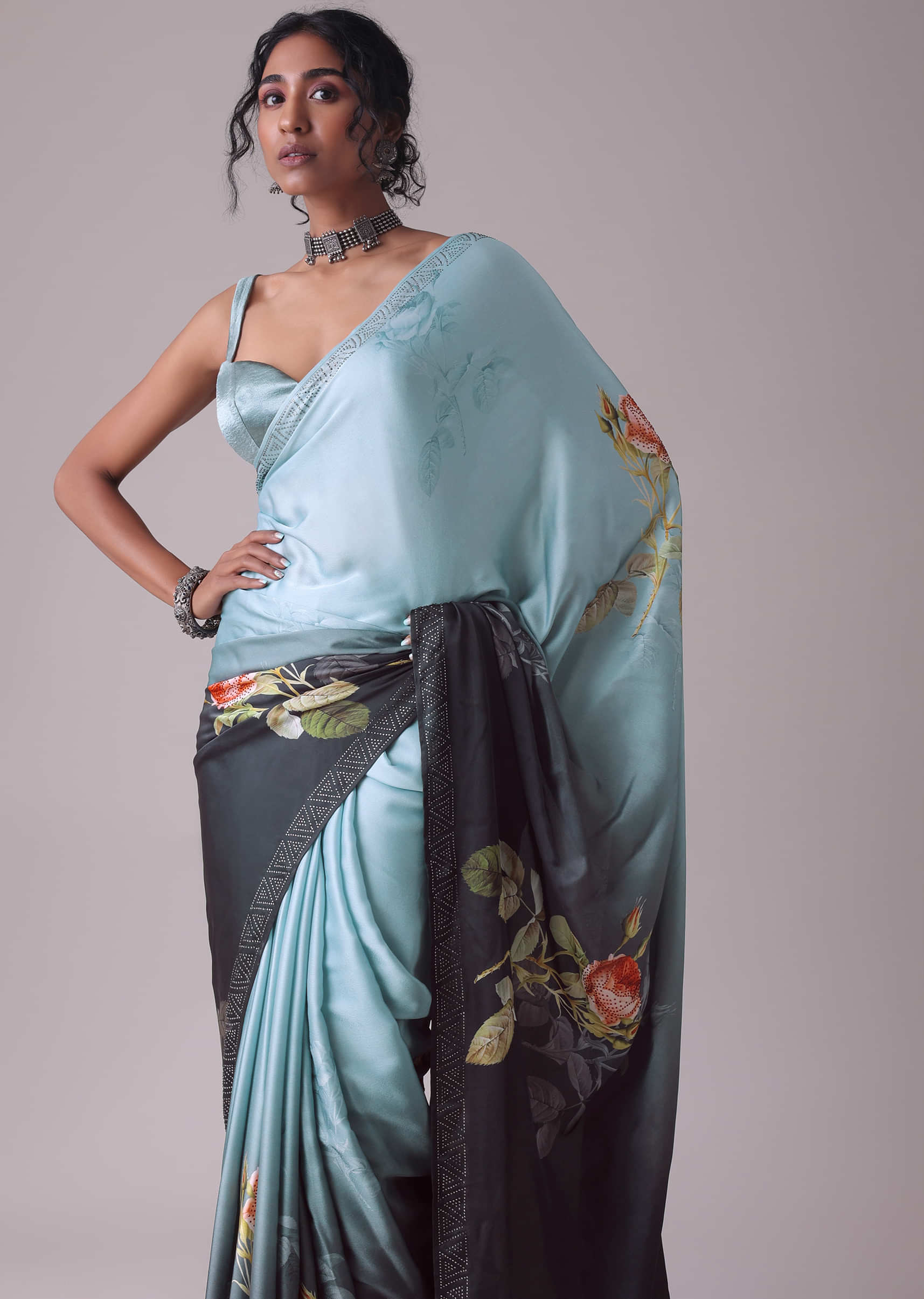 Nine Iron Grey Printed Saree With Swarovski Embellishment