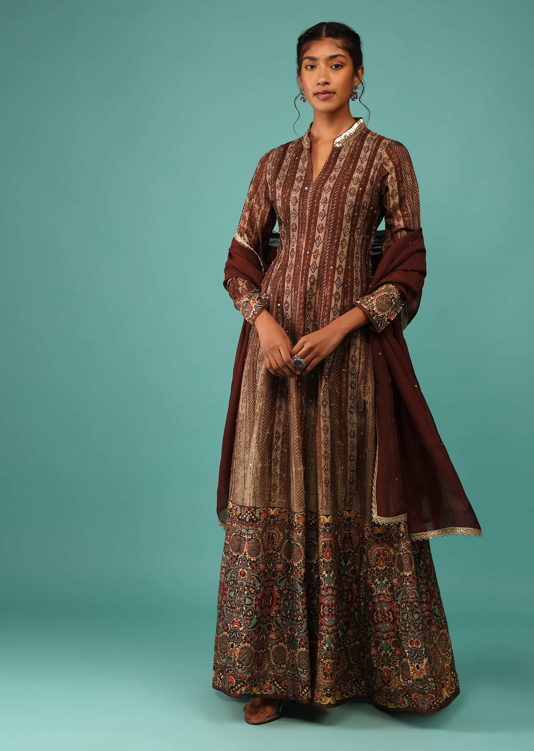Coffee Brown Anarkali Suit Set In Raw Silk With Kashmiri Print Work And Embroidery