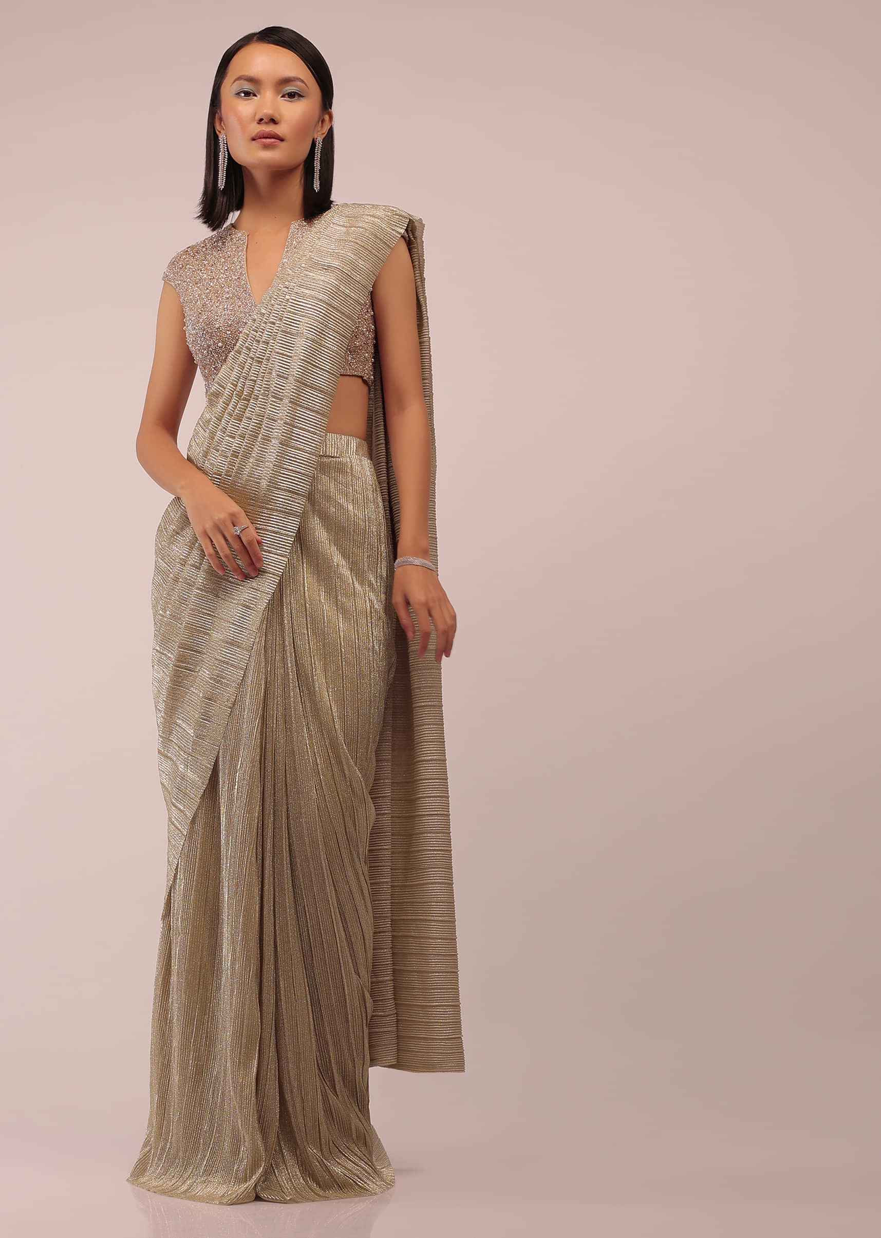 Nomad Shimmer Crush Ready Pleated Saree With A Shimmer Crop Top In 3D Flower, Moti And Cut Dana Embroidery