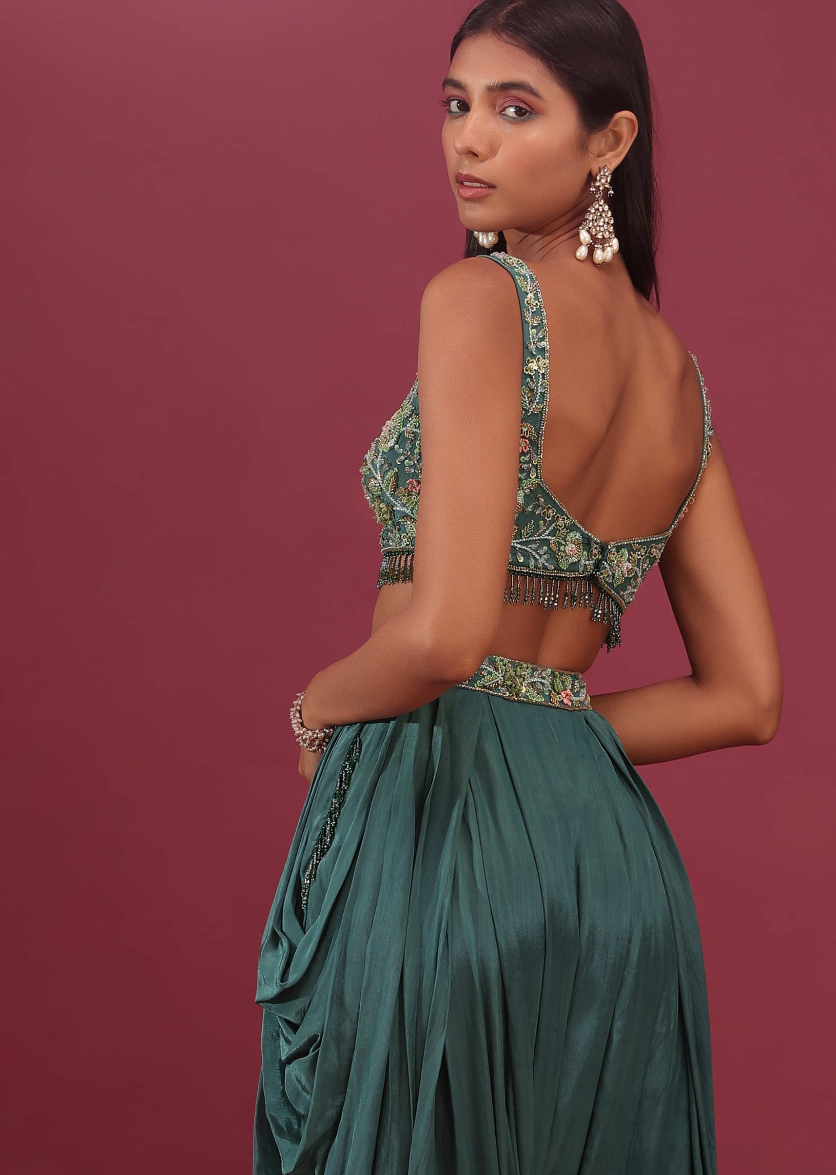Deep Green Dhoti Bustier Set With Shrug In 3D Floral Embroidery - NOOR 2022