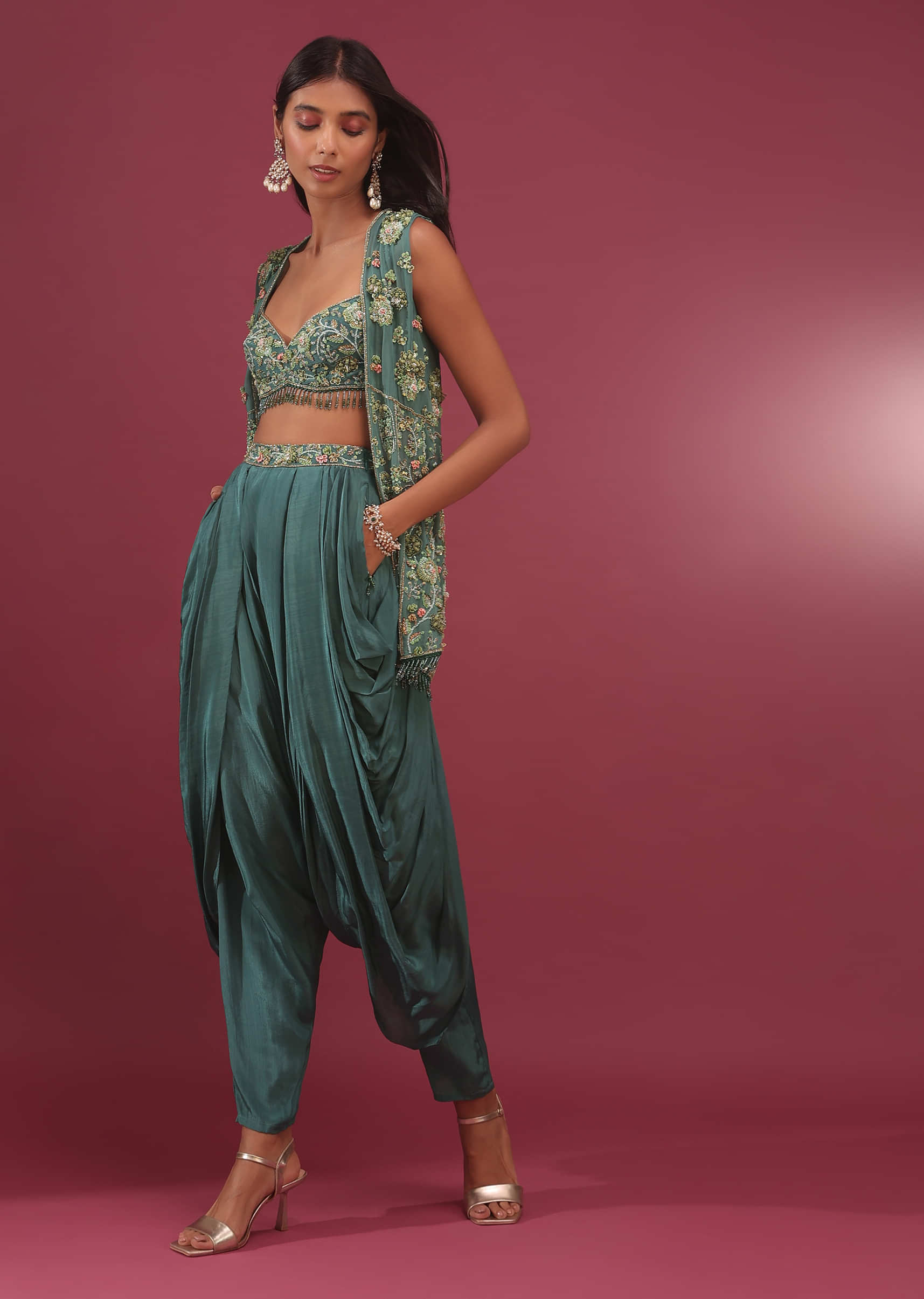 Deep Green Dhoti Bustier Set With Shrug In 3D Floral Embroidery - NOOR 2022