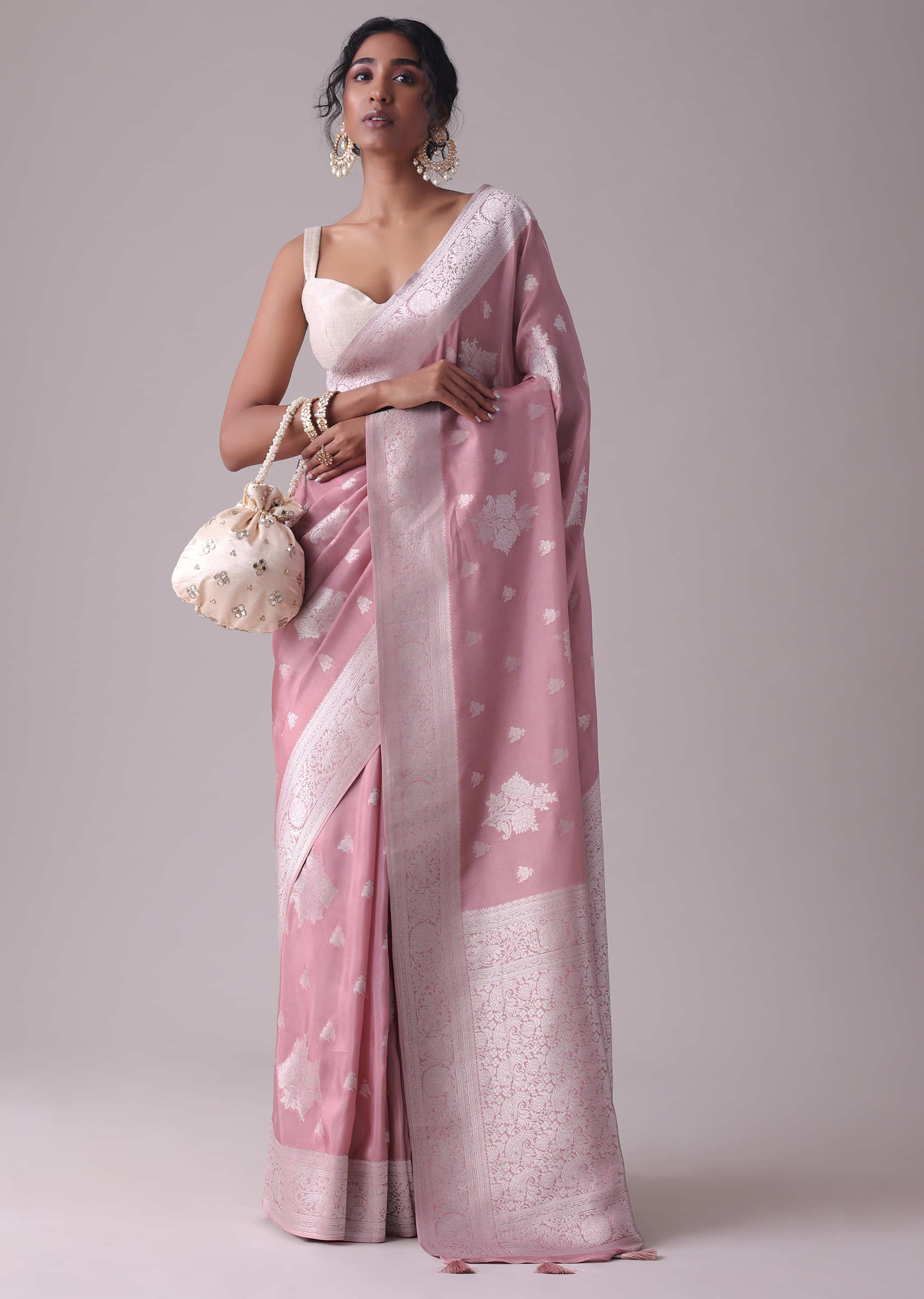 Nostalgia Rose Pink Woven Saree In Dola Silk And Silver Weave