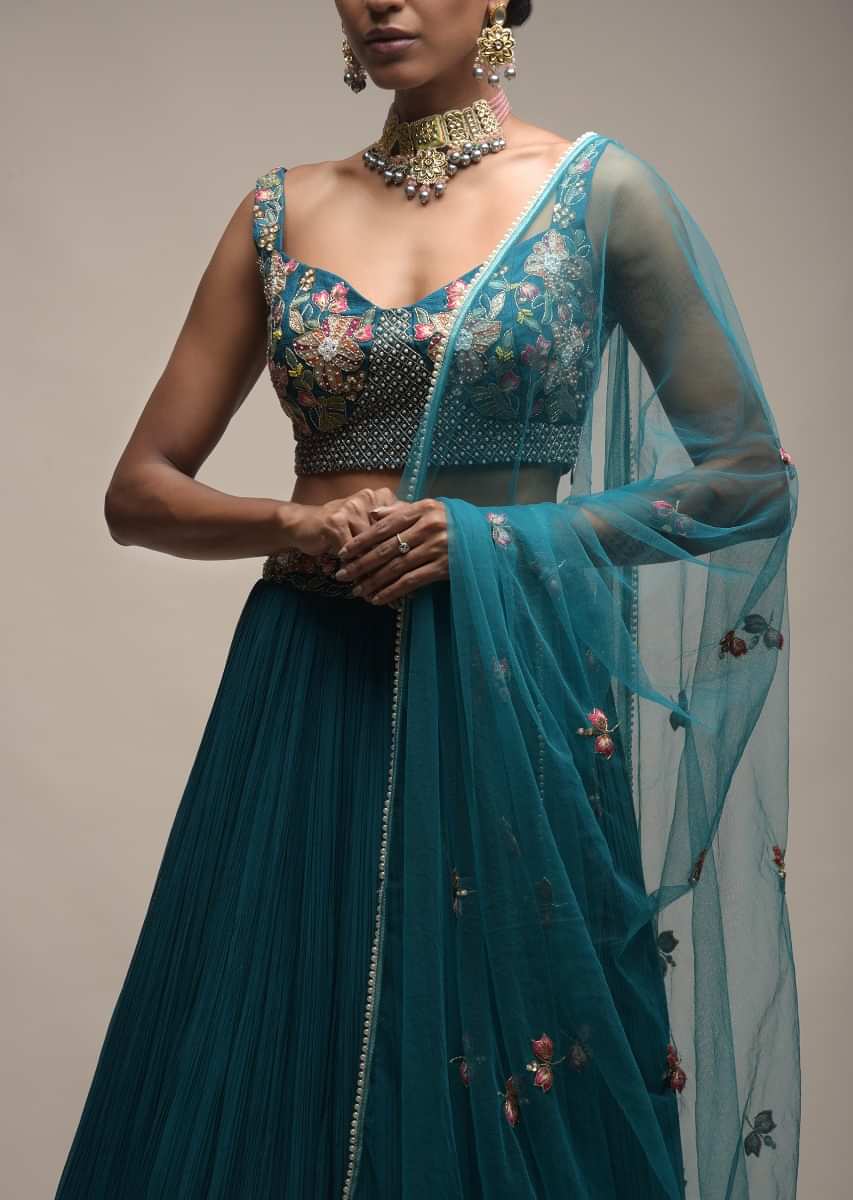 Ocean Green Lehenga With Gathered Flair And Resham Embroidered Spring Blooms On The Choli 