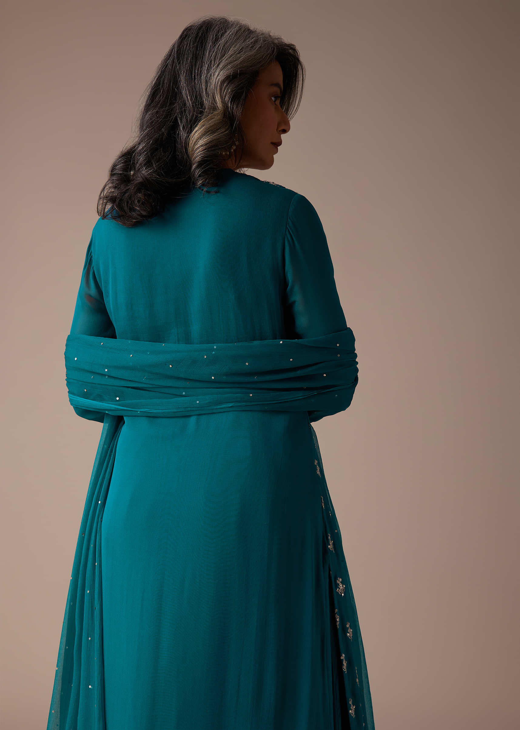 Teal Blue Embroidered Georgette Palazzo Suit