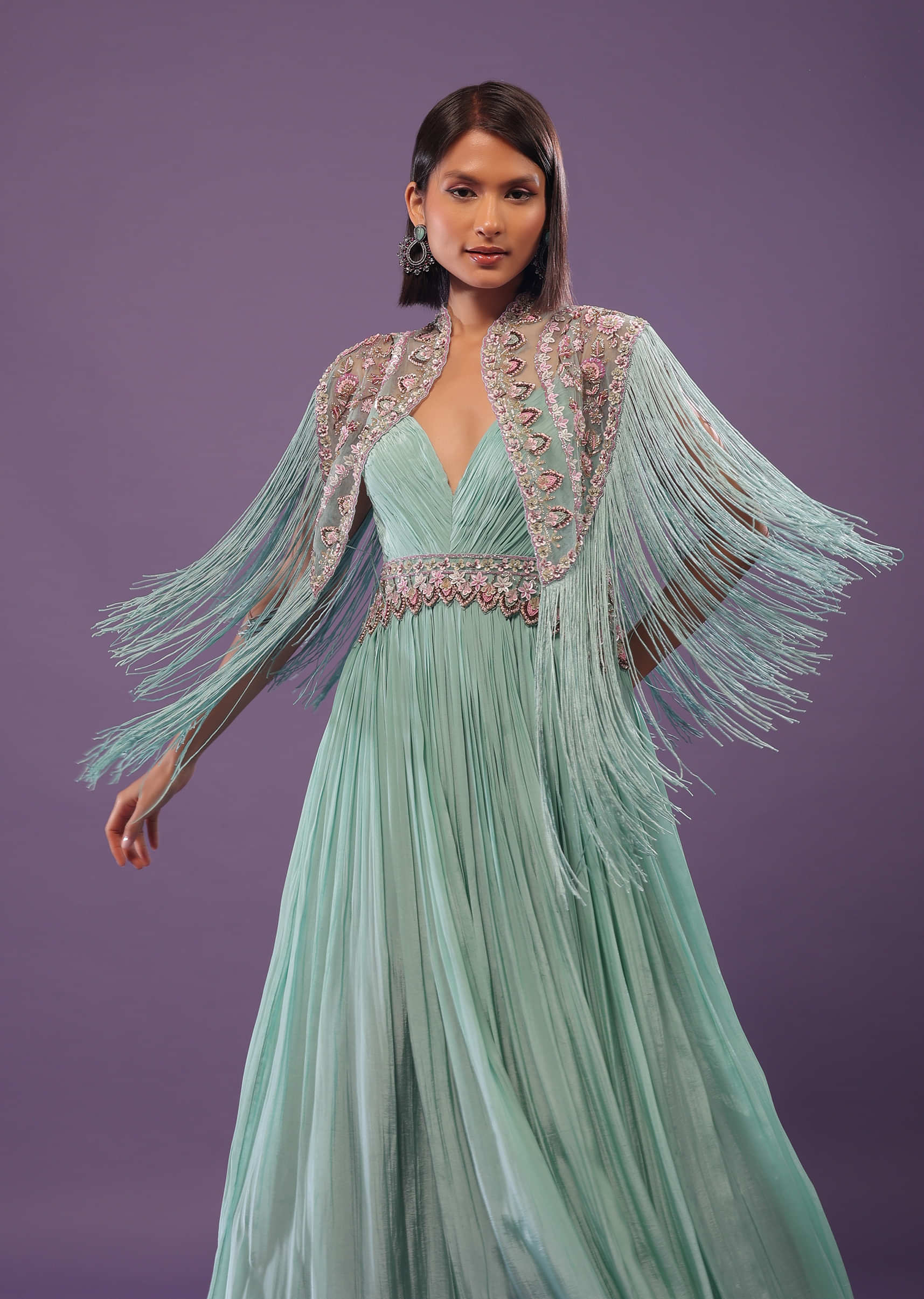 Sea Green Embroidered Gown In Crepe