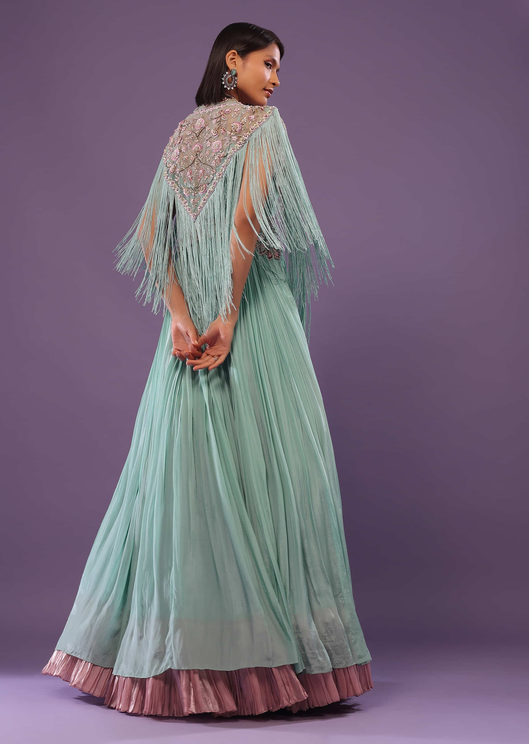 Sea Green Embroidered Gown In Crepe