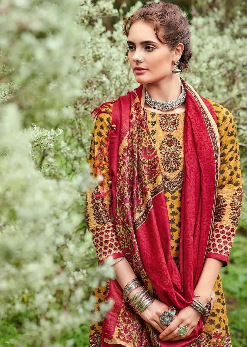 Ochre Beige Straight Cut Suit In Tussar Silk With Block Print In Floral Pattern